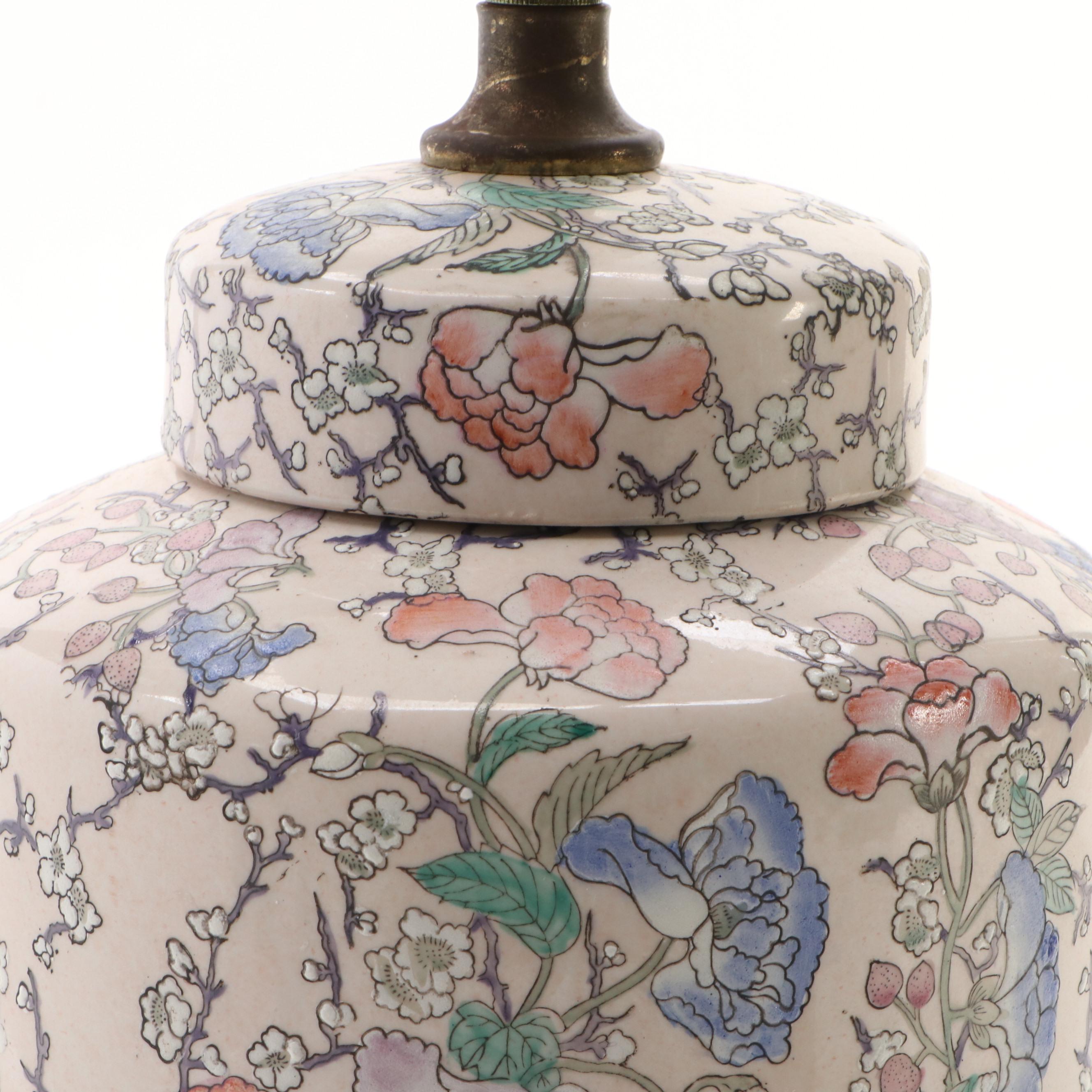 Chinese Painted Porcelain Ginger Jar Accent Lamp with Silk Shade