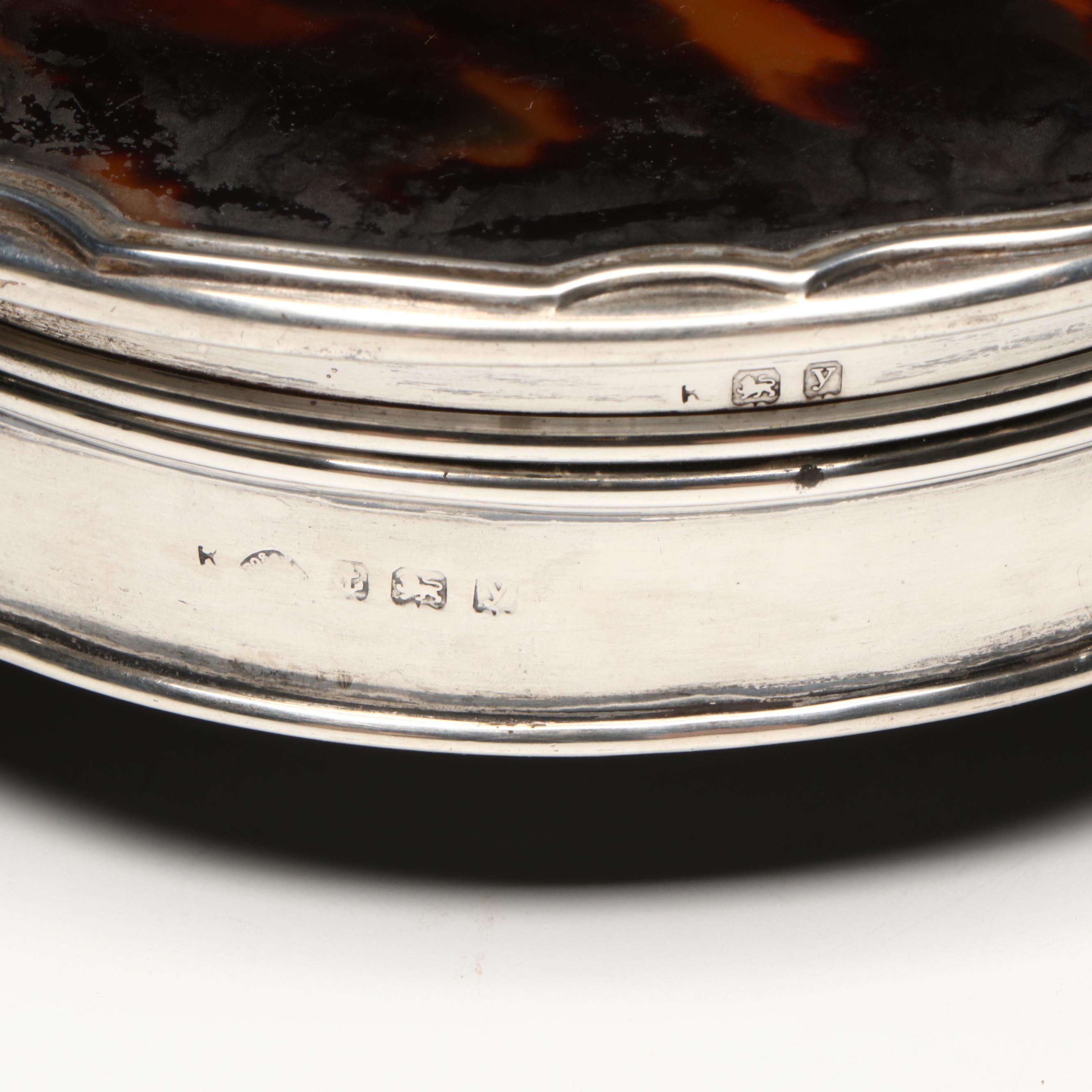 English Sterling Silver and Tortoise Shell Footed Jewelry Box, 1923