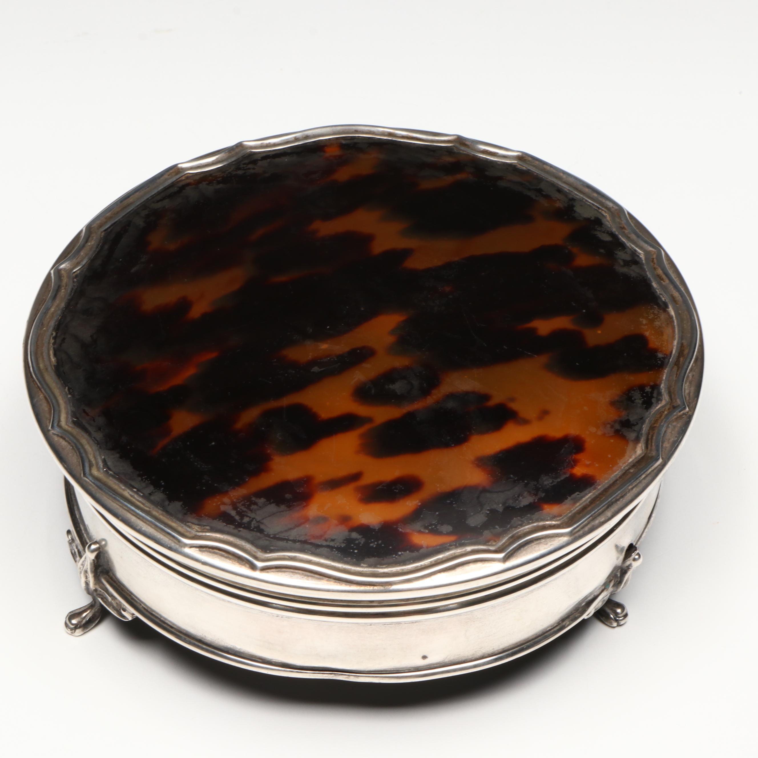 English Sterling Silver and Tortoise Shell Footed Jewelry Box, 1923