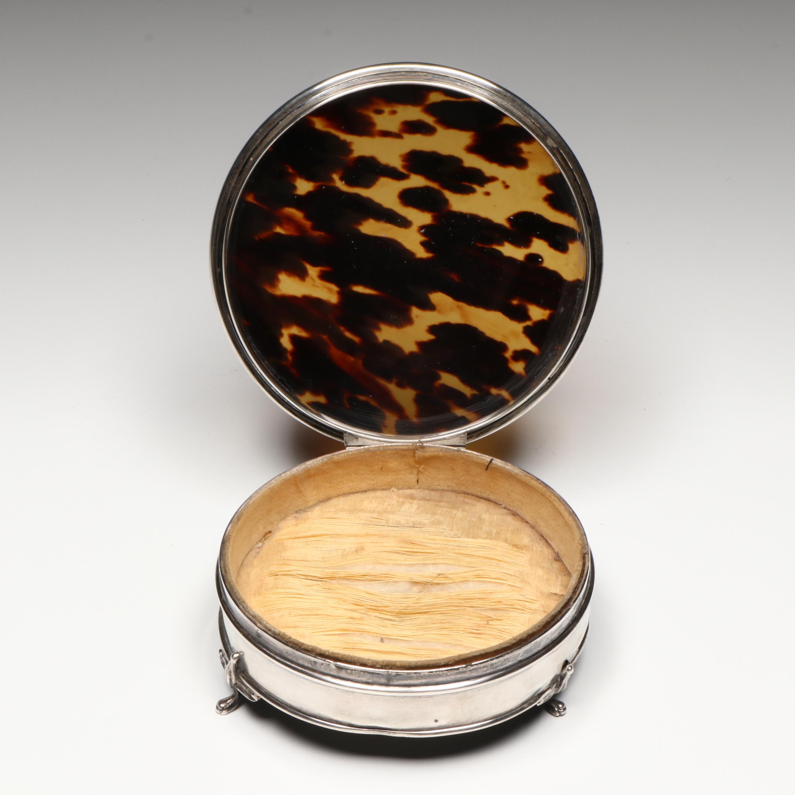 English Sterling Silver and Tortoise Shell Footed Jewelry Box, 1923