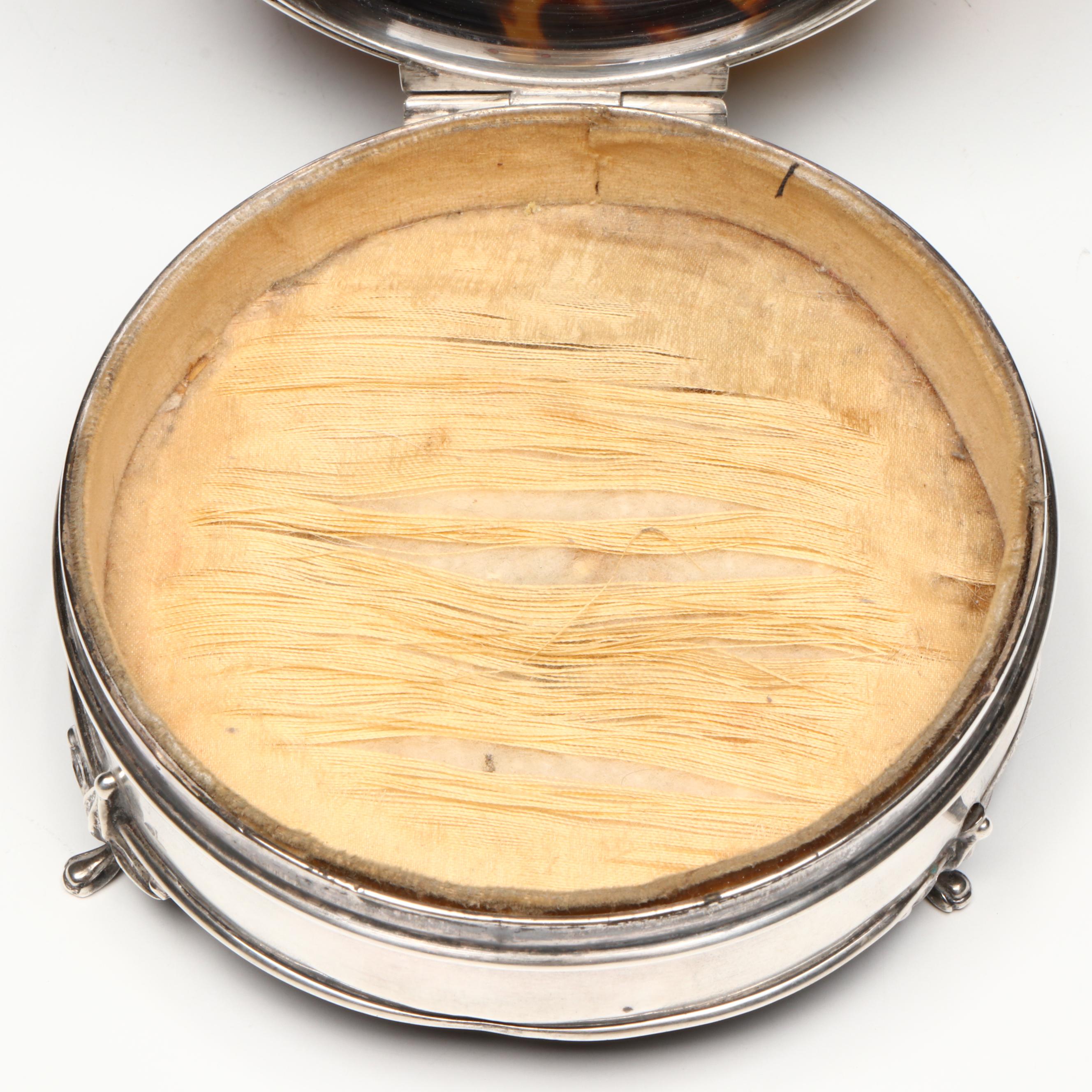 English Sterling Silver and Tortoise Shell Footed Jewelry Box, 1923