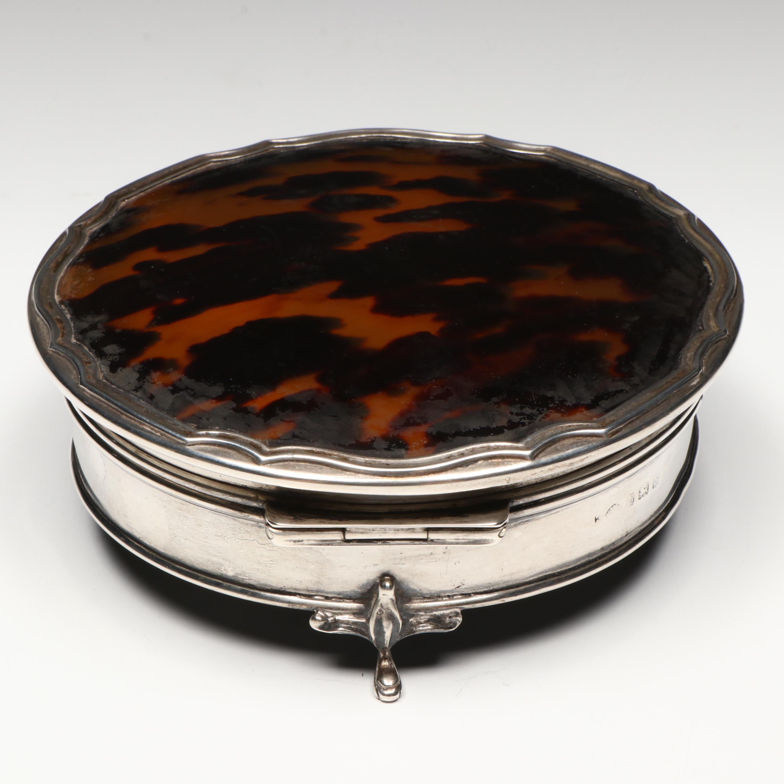 English Sterling Silver and Tortoise Shell Footed Jewelry Box, 1923