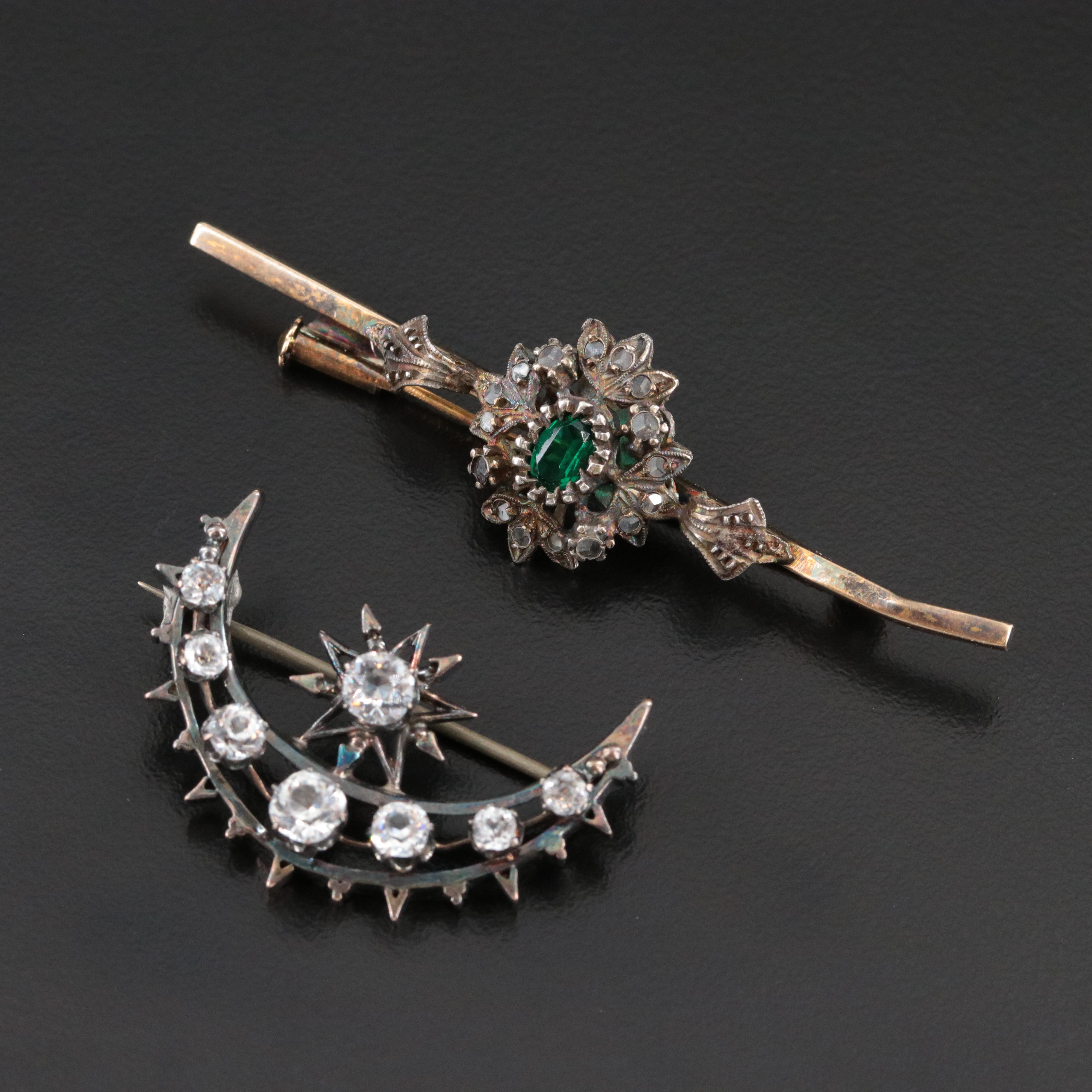 Victorian Crescent and 900 Silver & 14K Bar Pins with Diamond and Crystal