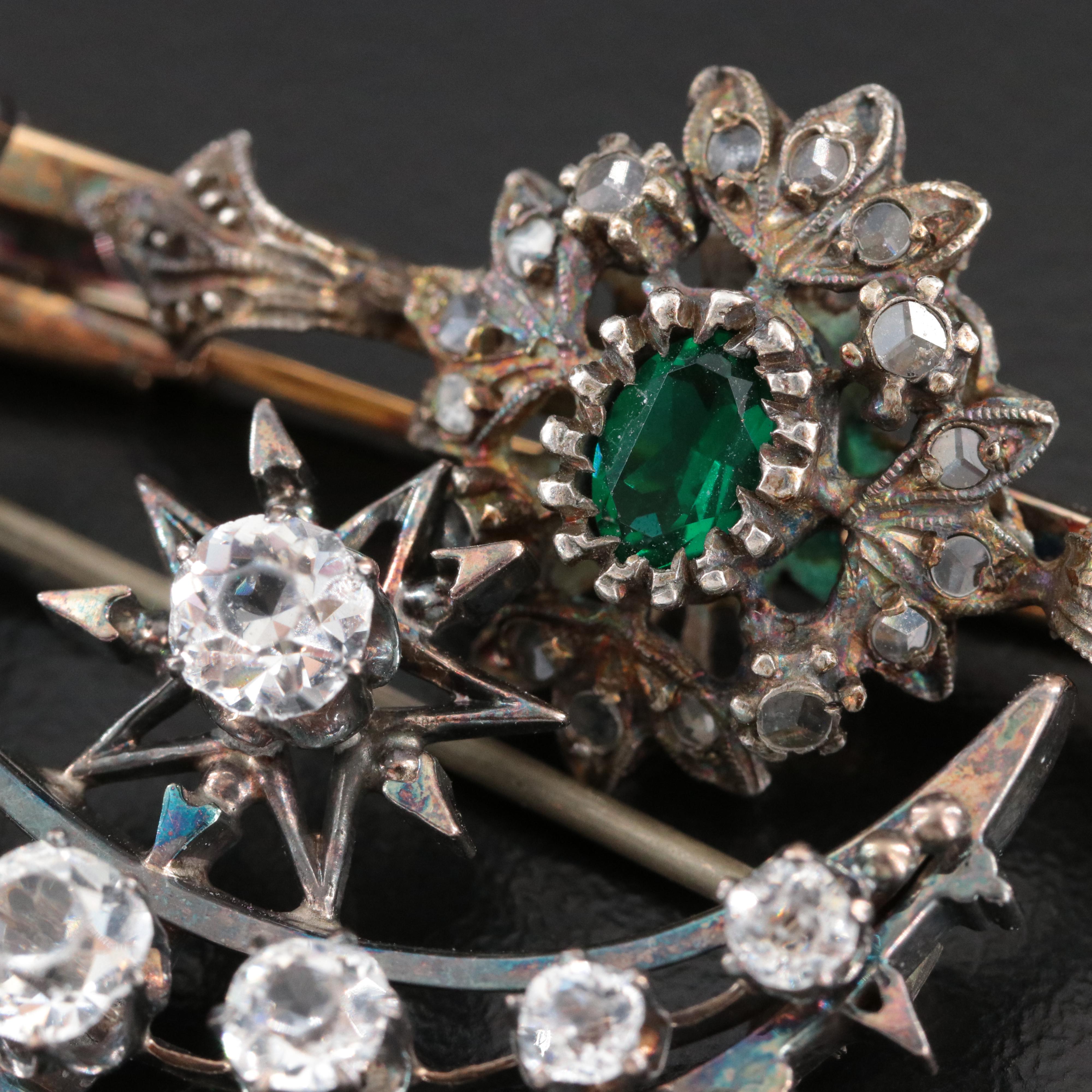 Victorian Crescent and 900 Silver & 14K Bar Pins with Diamond and Crystal