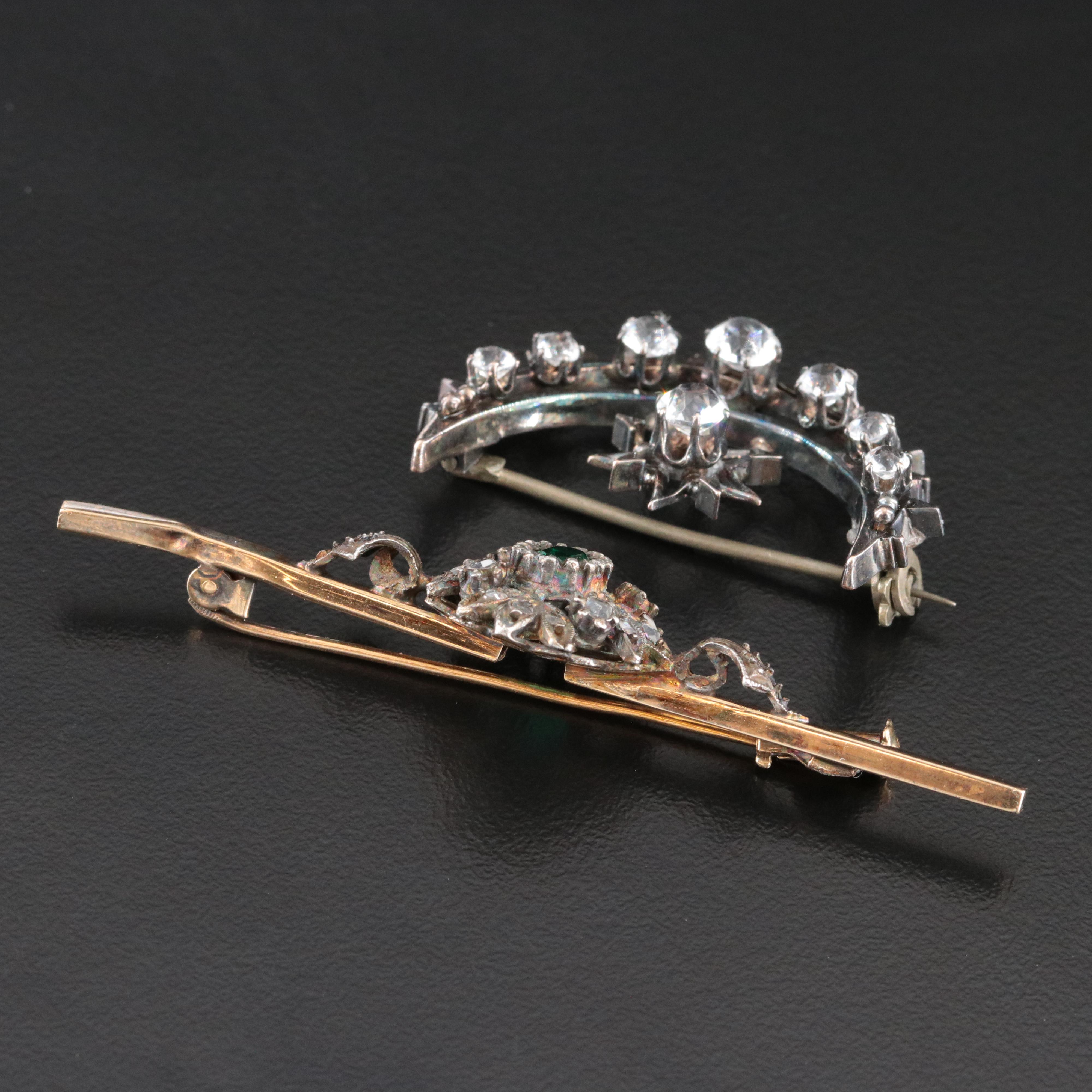Victorian Crescent and 900 Silver & 14K Bar Pins with Diamond and Crystal