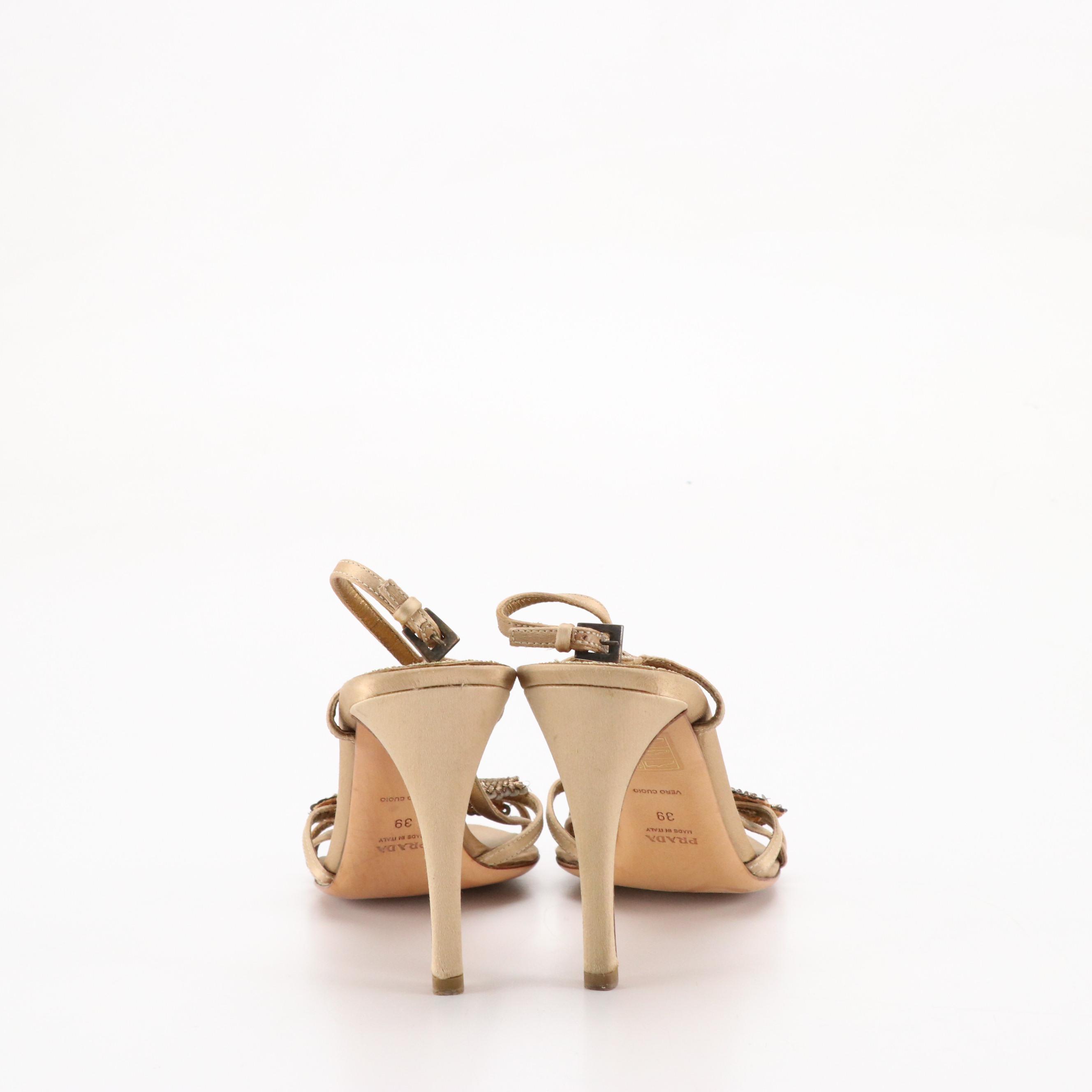 Prada Floral Appliqué High Heeled Sandals in Silk and Bronze Metallic Leather