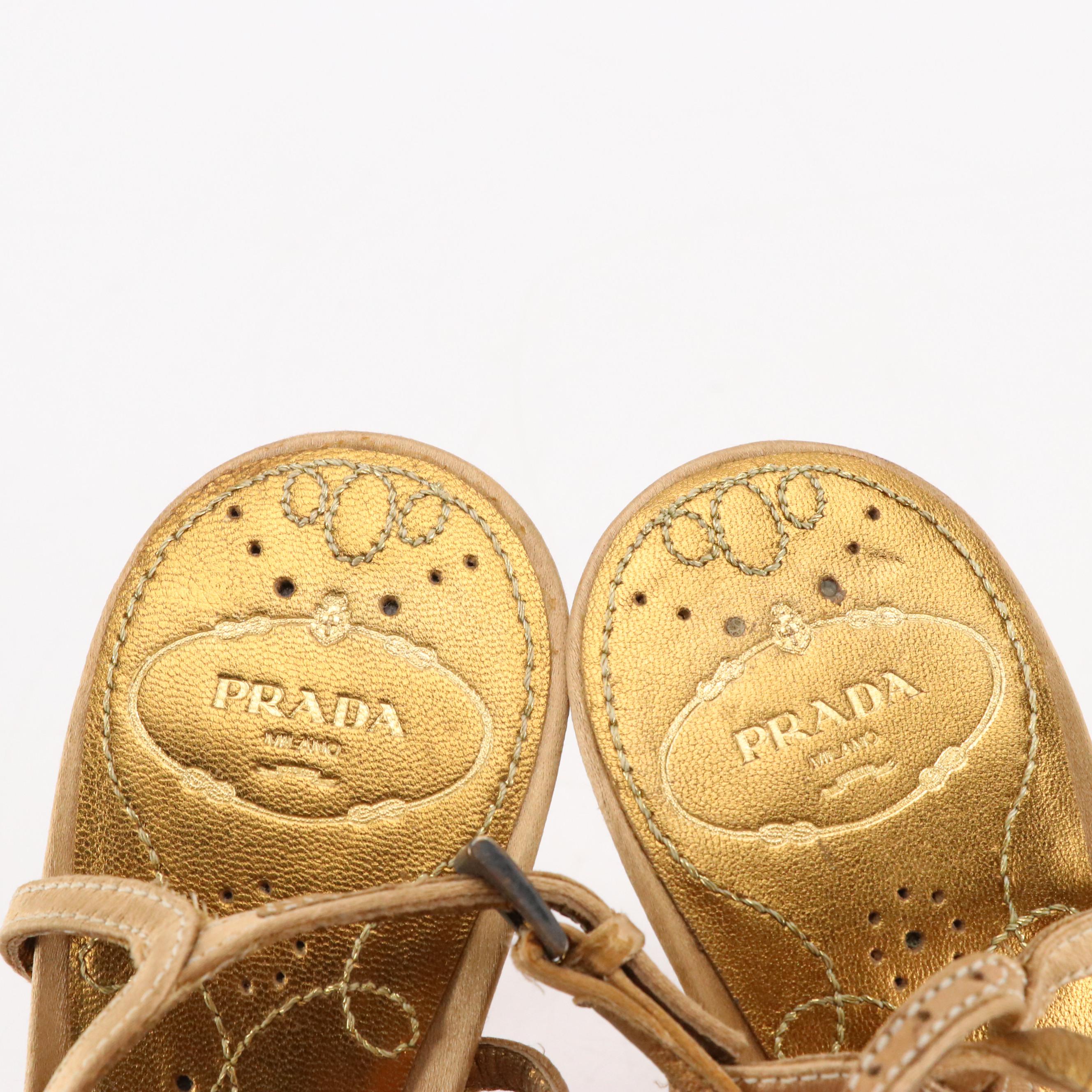 Prada Floral Appliqué High Heeled Sandals in Silk and Bronze Metallic Leather