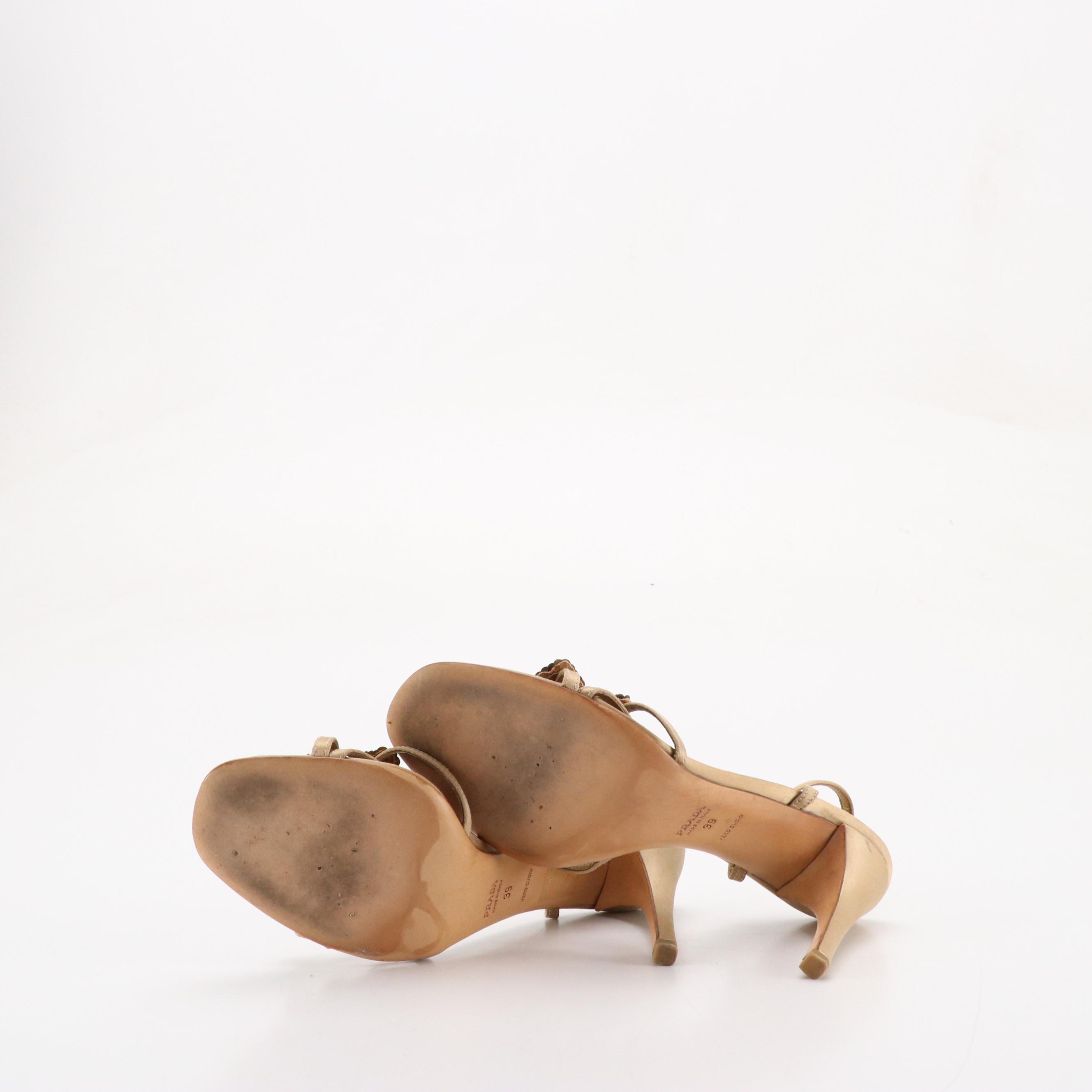 Prada Floral Appliqué High Heeled Sandals in Silk and Bronze Metallic Leather