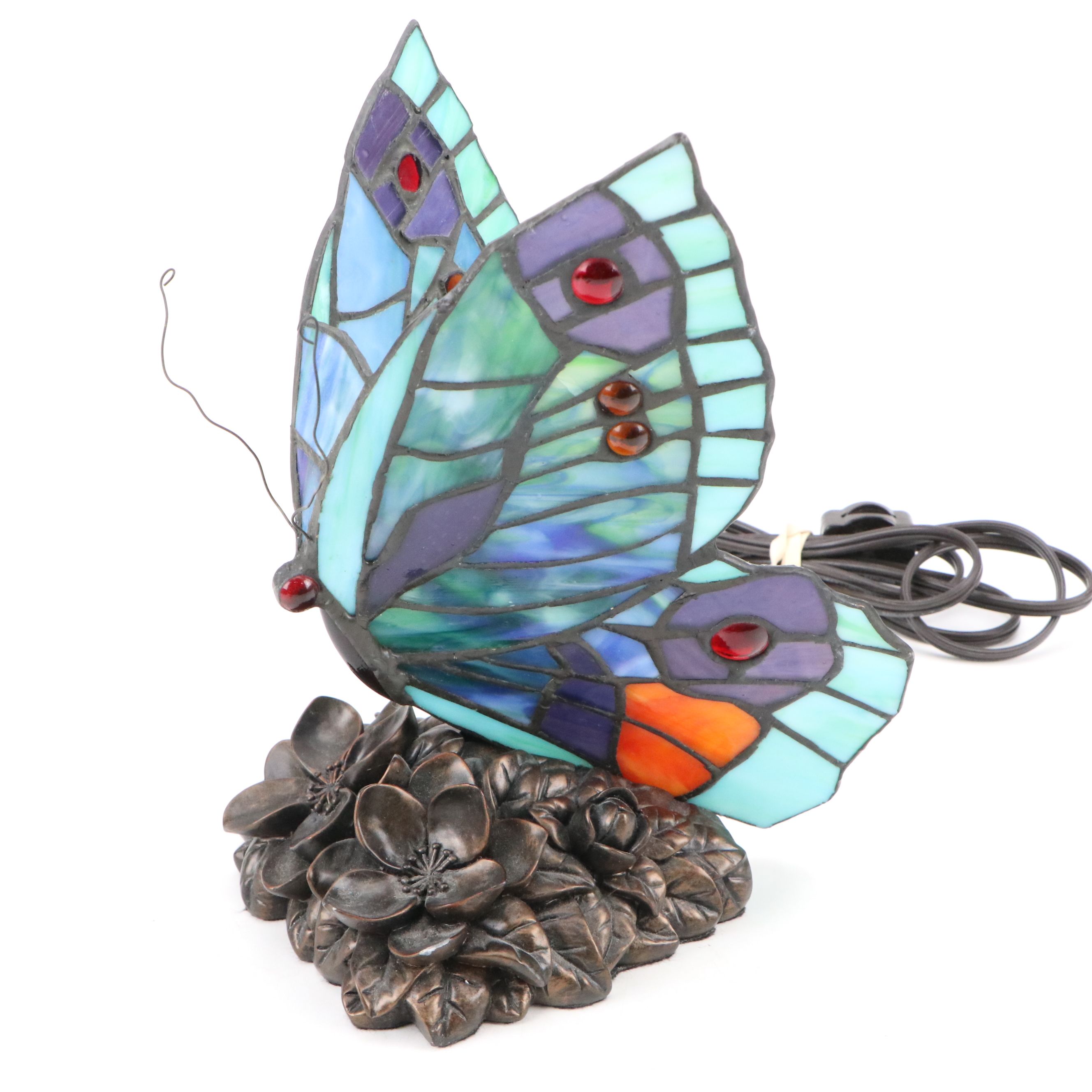 Metal Lotus Accent Lamp with Slag Glass and Jeweled Butterfly