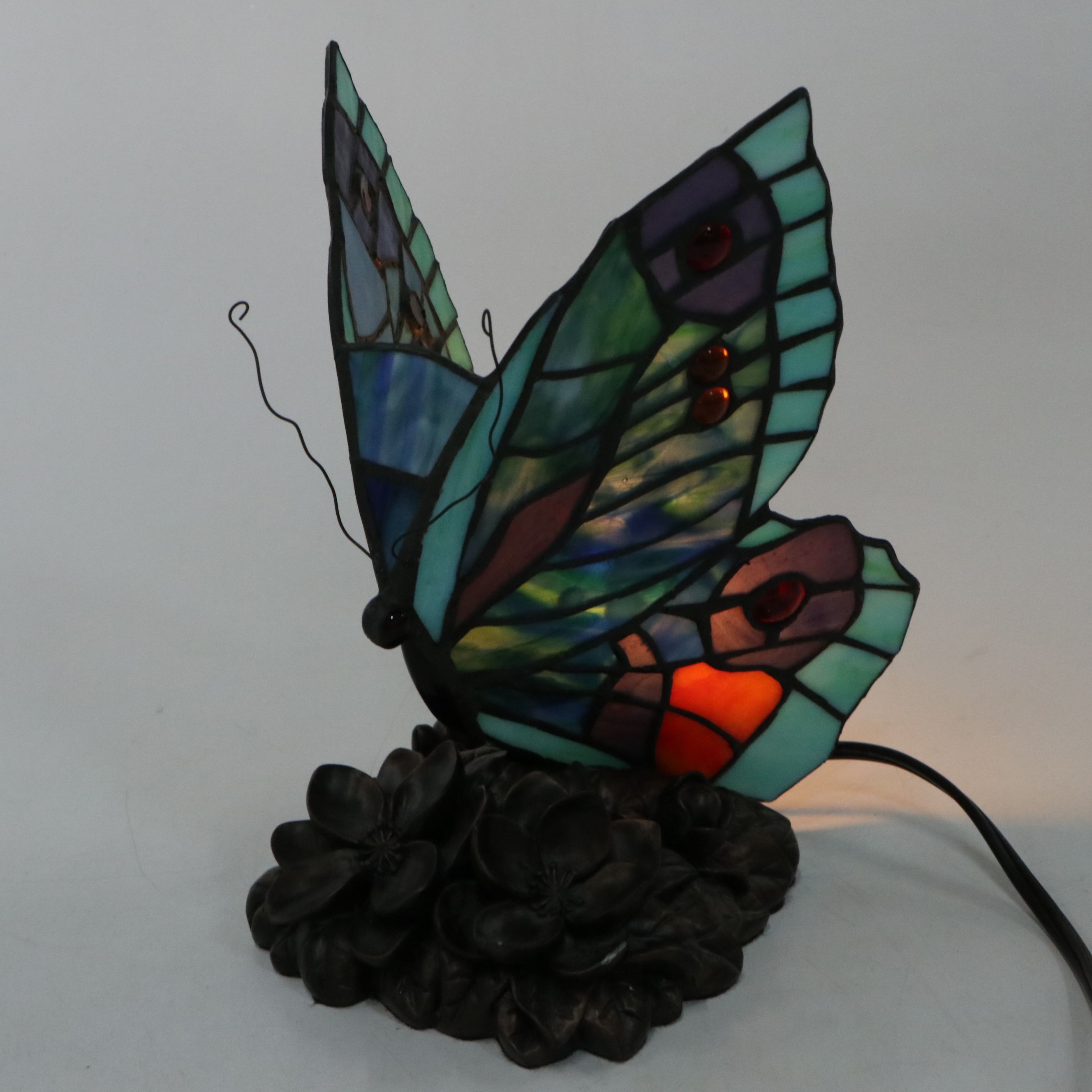 Metal Lotus Accent Lamp with Slag Glass and Jeweled Butterfly