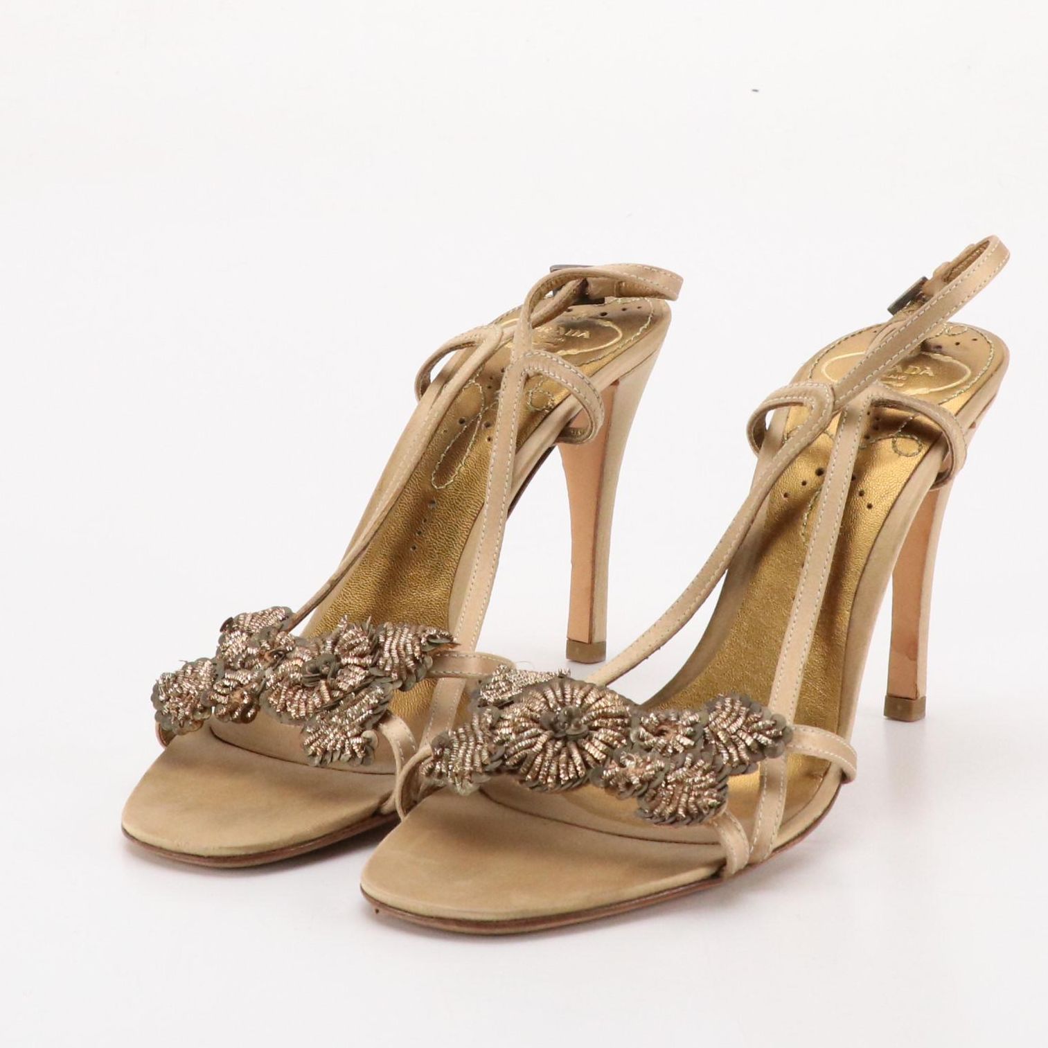 Prada Floral Appliqué High Heeled Sandals in Silk and Bronze Metallic Leather