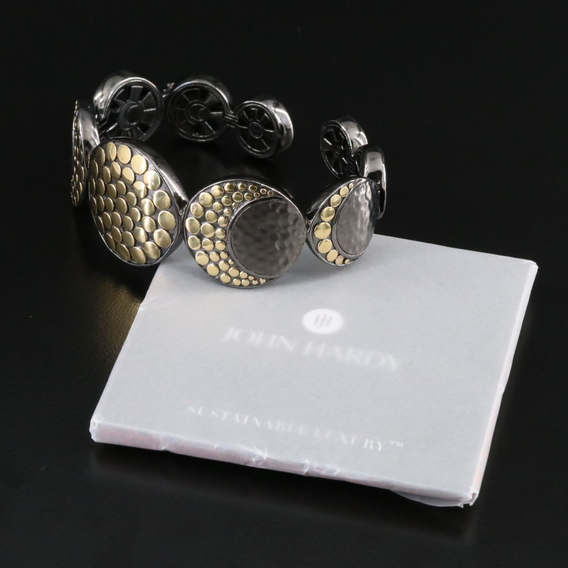 John Hardy Dot Moon Phase Darkened Sterling 18K Bonded Gold Hammered Cuff