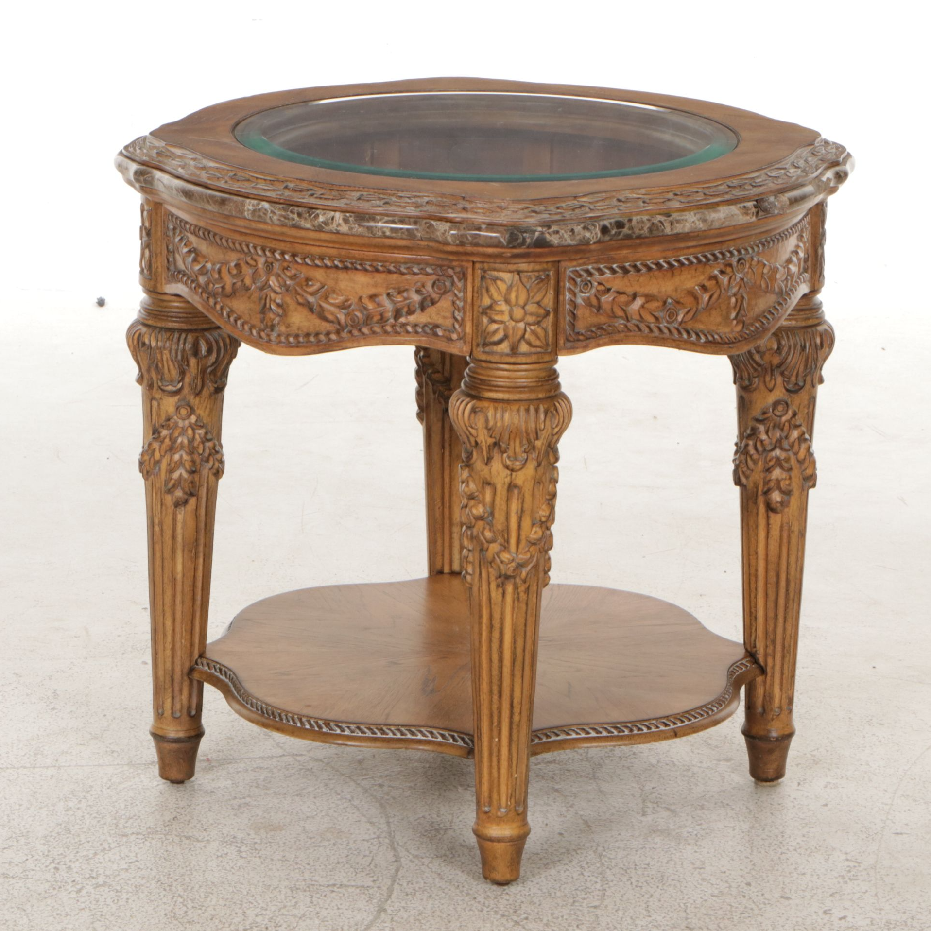 Schnadig Neoclassical Style Accent Table with Glass Top and Marble Edge Trim