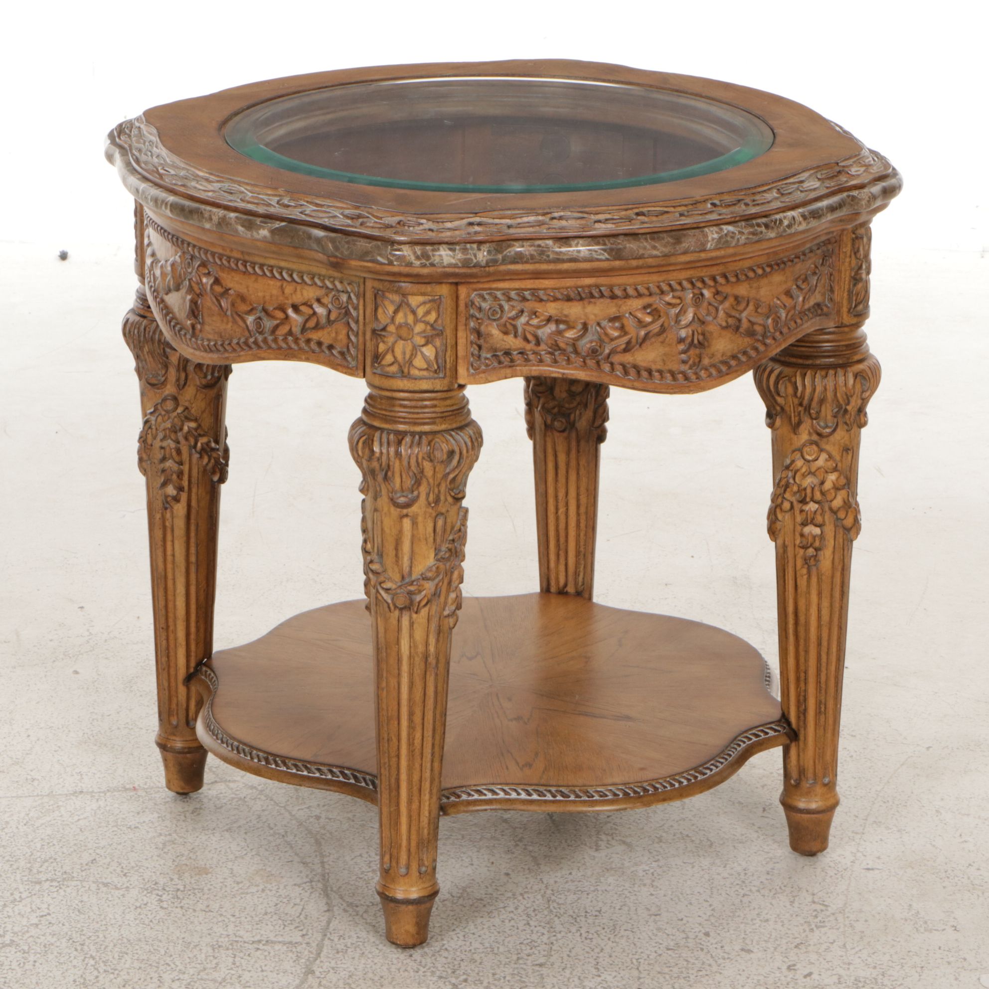 Schnadig Neoclassical Style Accent Table with Glass Top and Marble Edge Trim