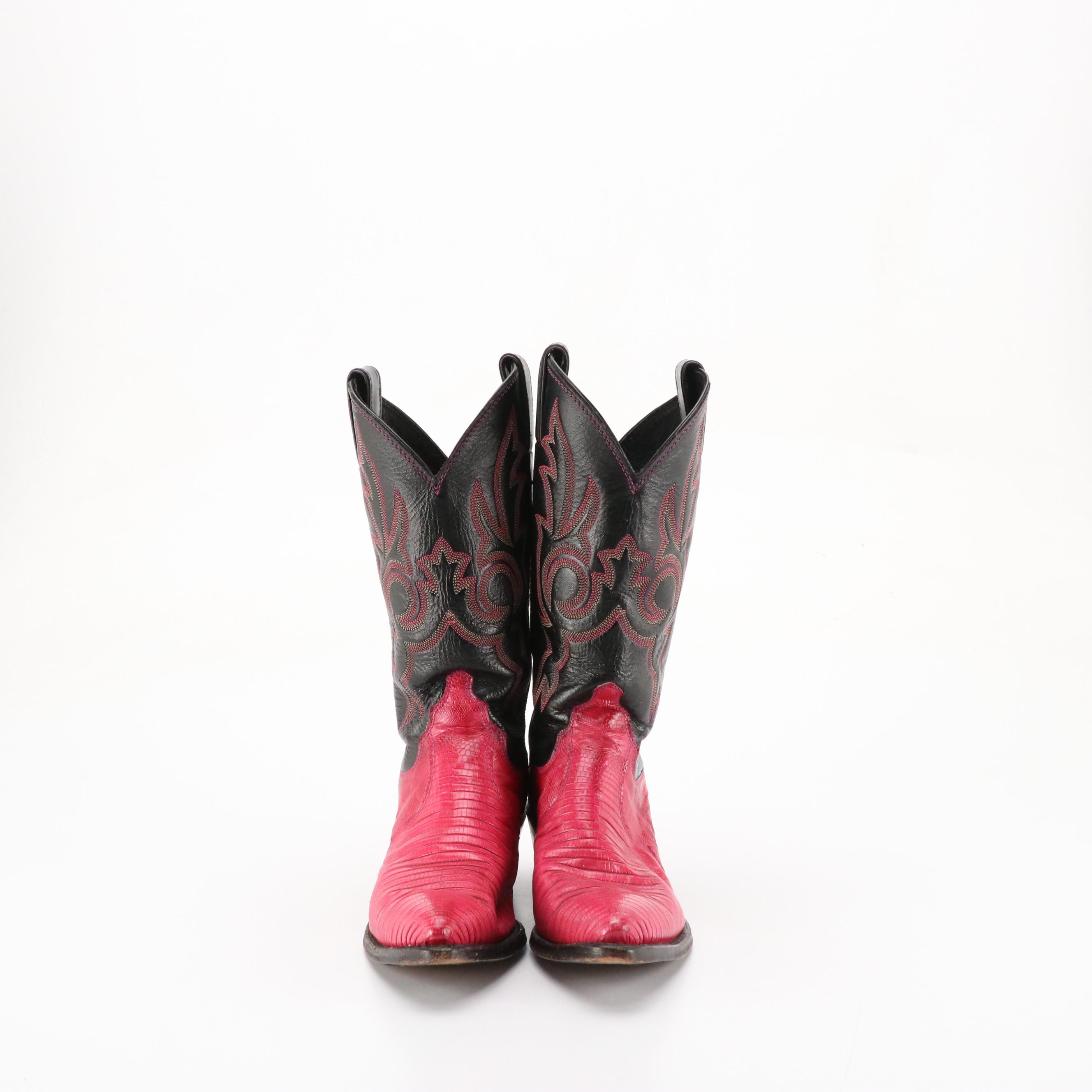 Justin's Black and Hot Pink Snakeskin Leather Western Boots