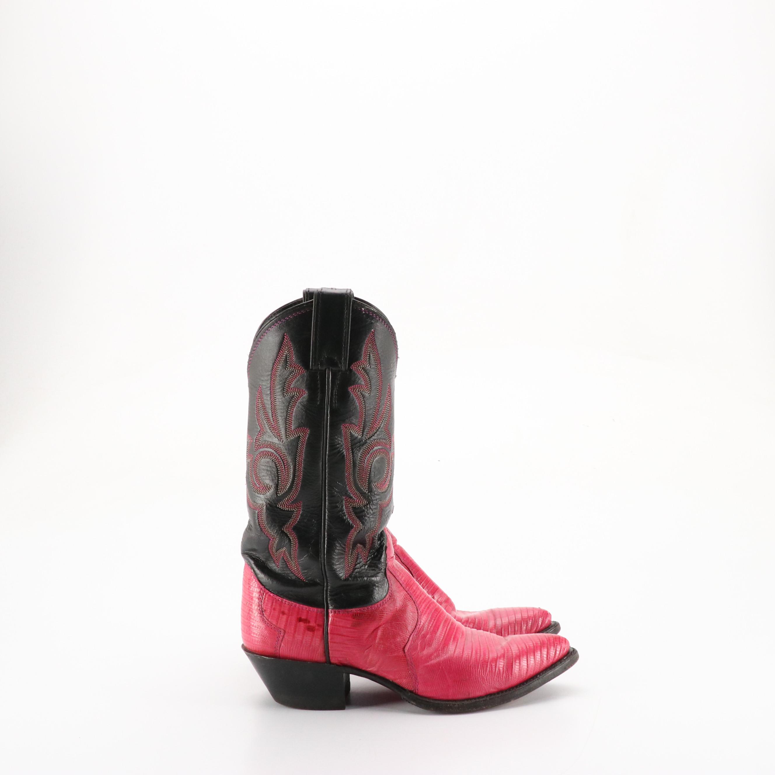 Justin's Black and Hot Pink Snakeskin Leather Western Boots
