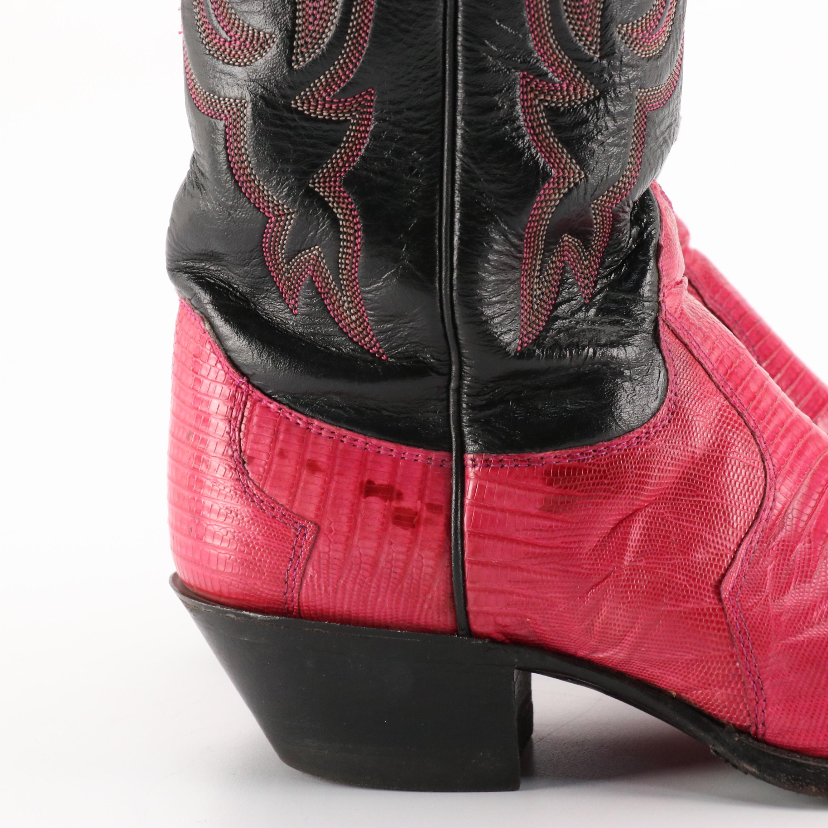 Justin's Black and Hot Pink Snakeskin Leather Western Boots