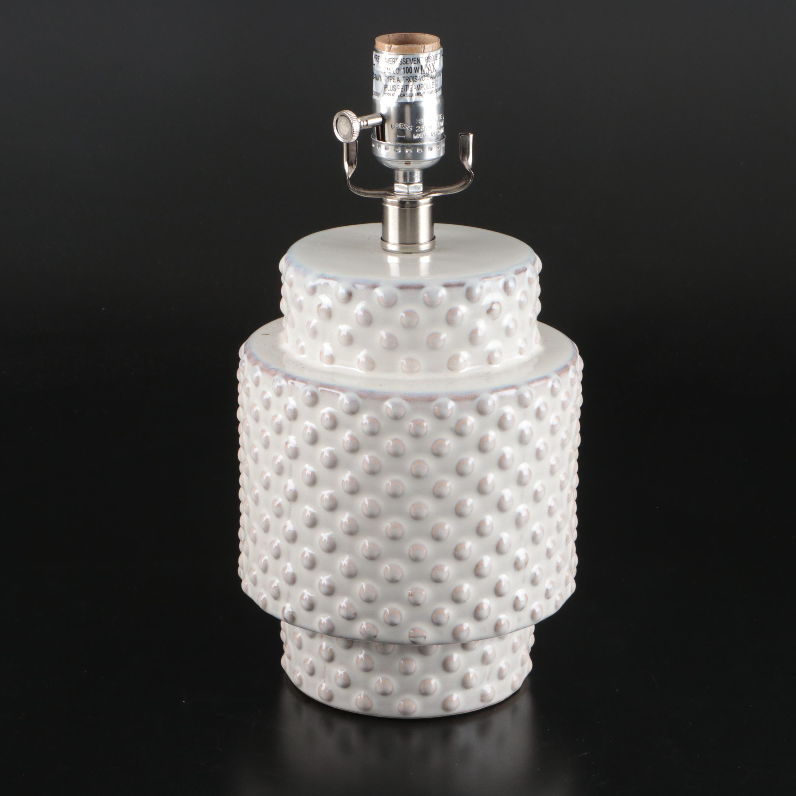 White Glazed Ceramic Hobnail Table Lamp with Linen Drum Shade, 2018