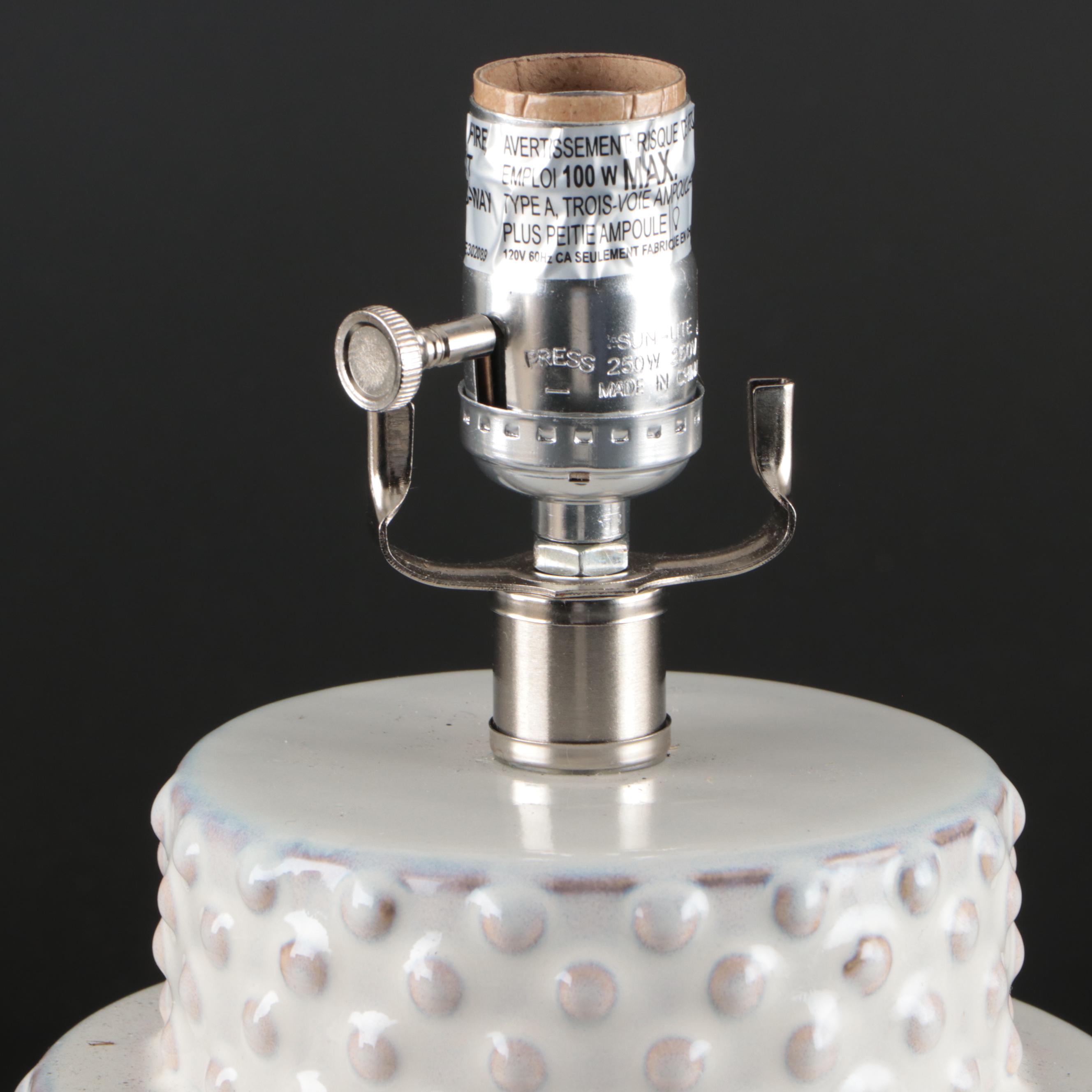 White Glazed Ceramic Hobnail Table Lamp with Linen Drum Shade, 2018