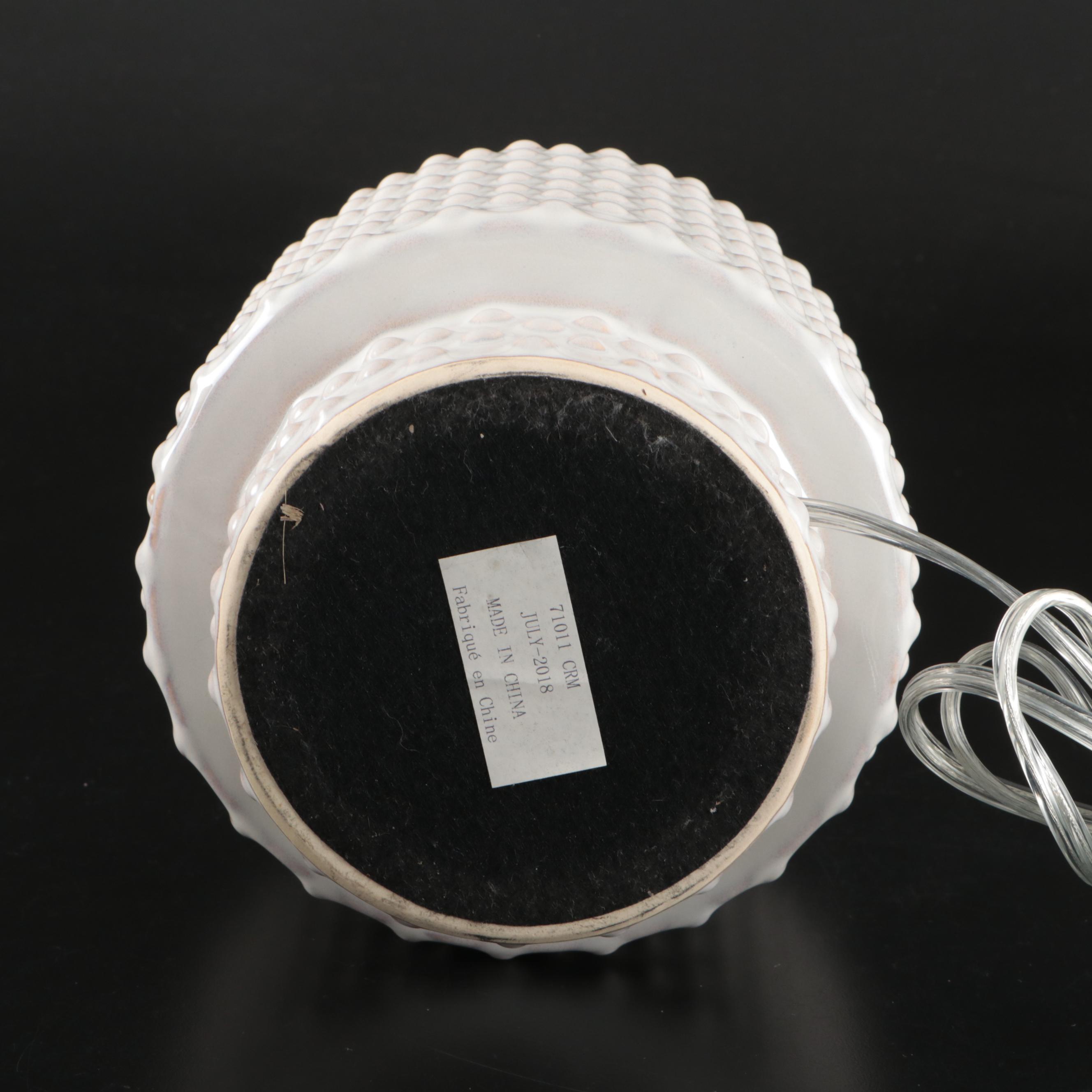 White Glazed Ceramic Hobnail Table Lamp with Linen Drum Shade, 2018