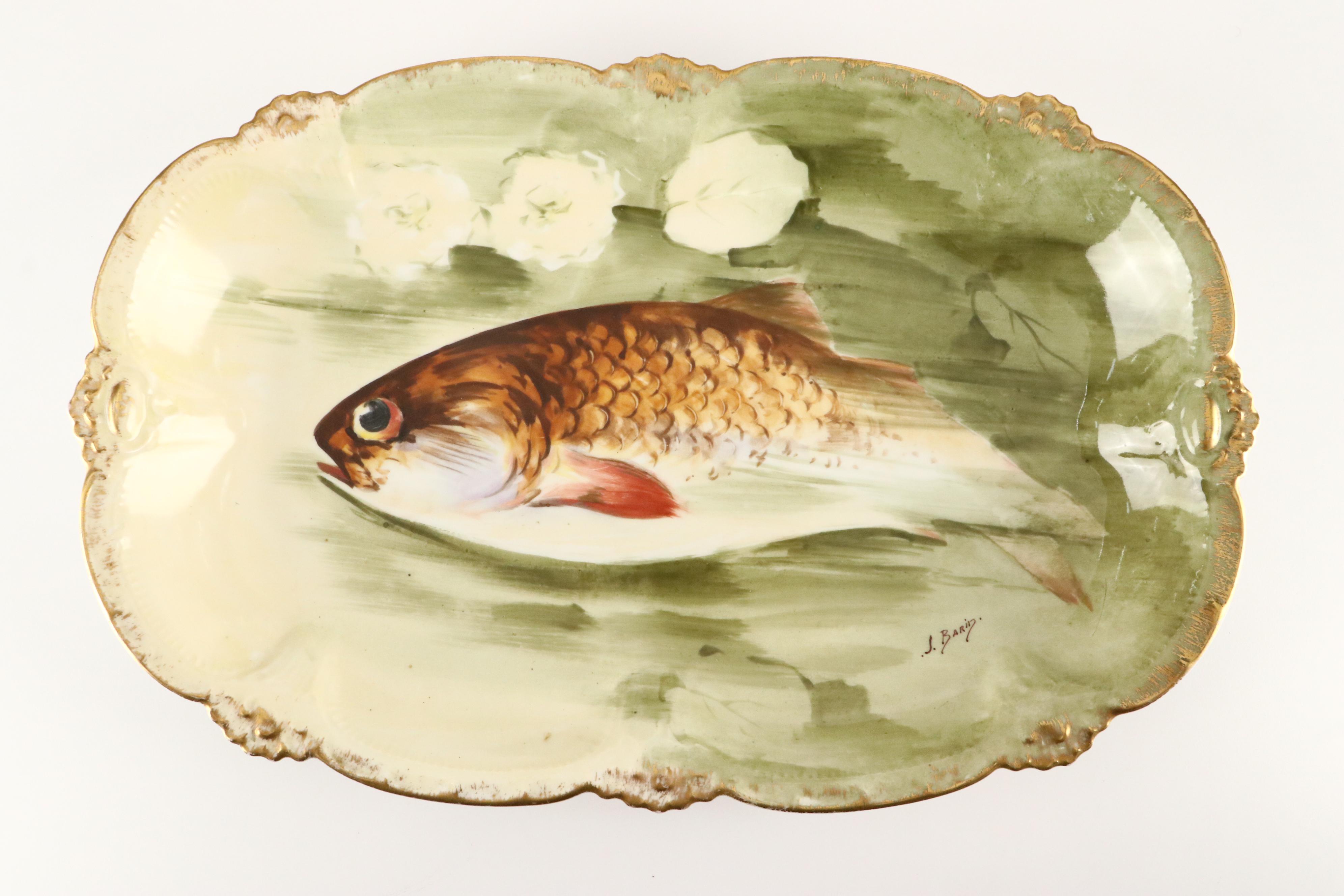 Coronet Limoges Hand-Painted Fish Porcelain Platter and Plates