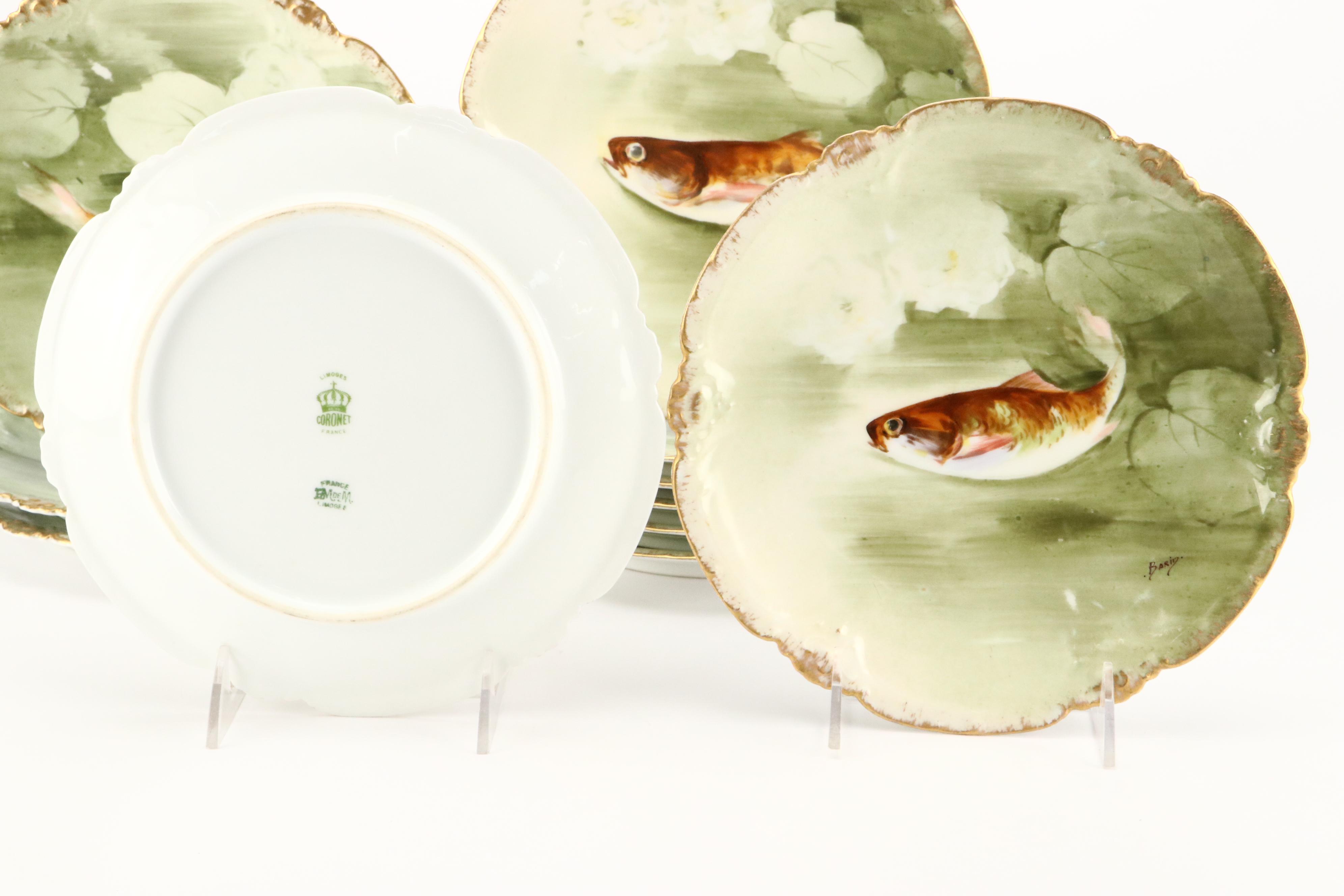 Coronet Limoges Hand-Painted Fish Porcelain Platter and Plates