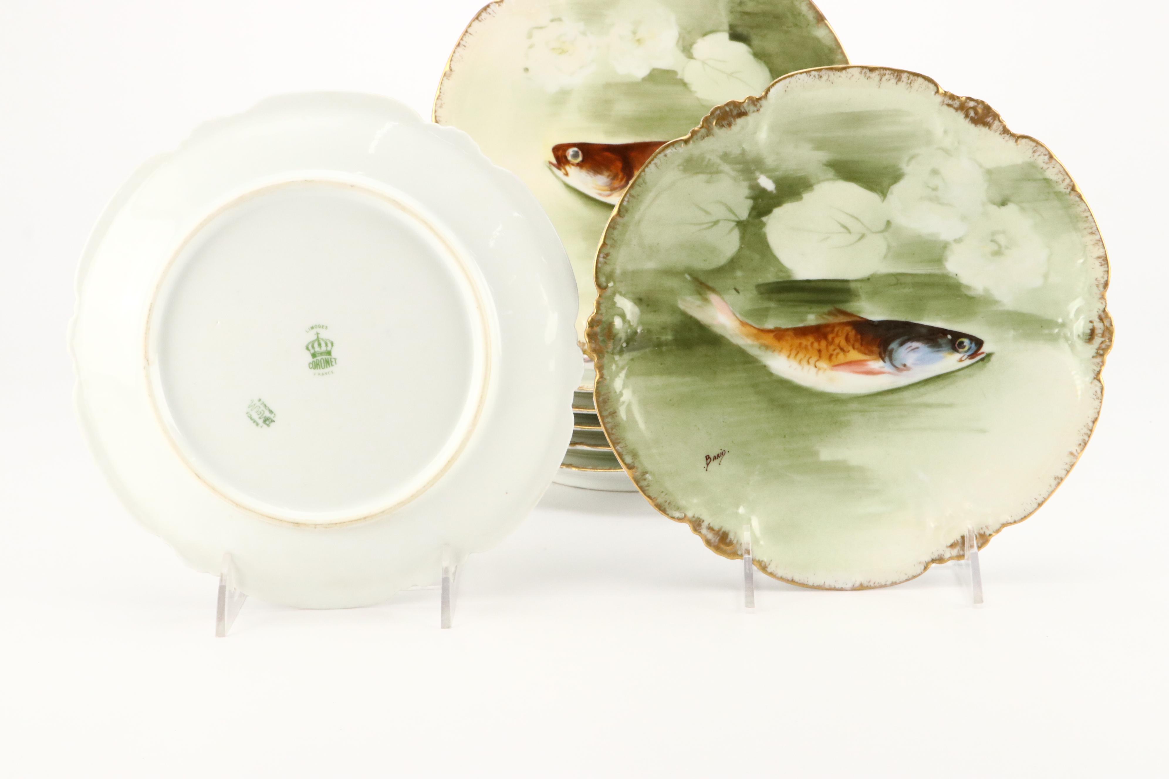 Coronet Limoges Hand-Painted Fish Porcelain Platter and Plates