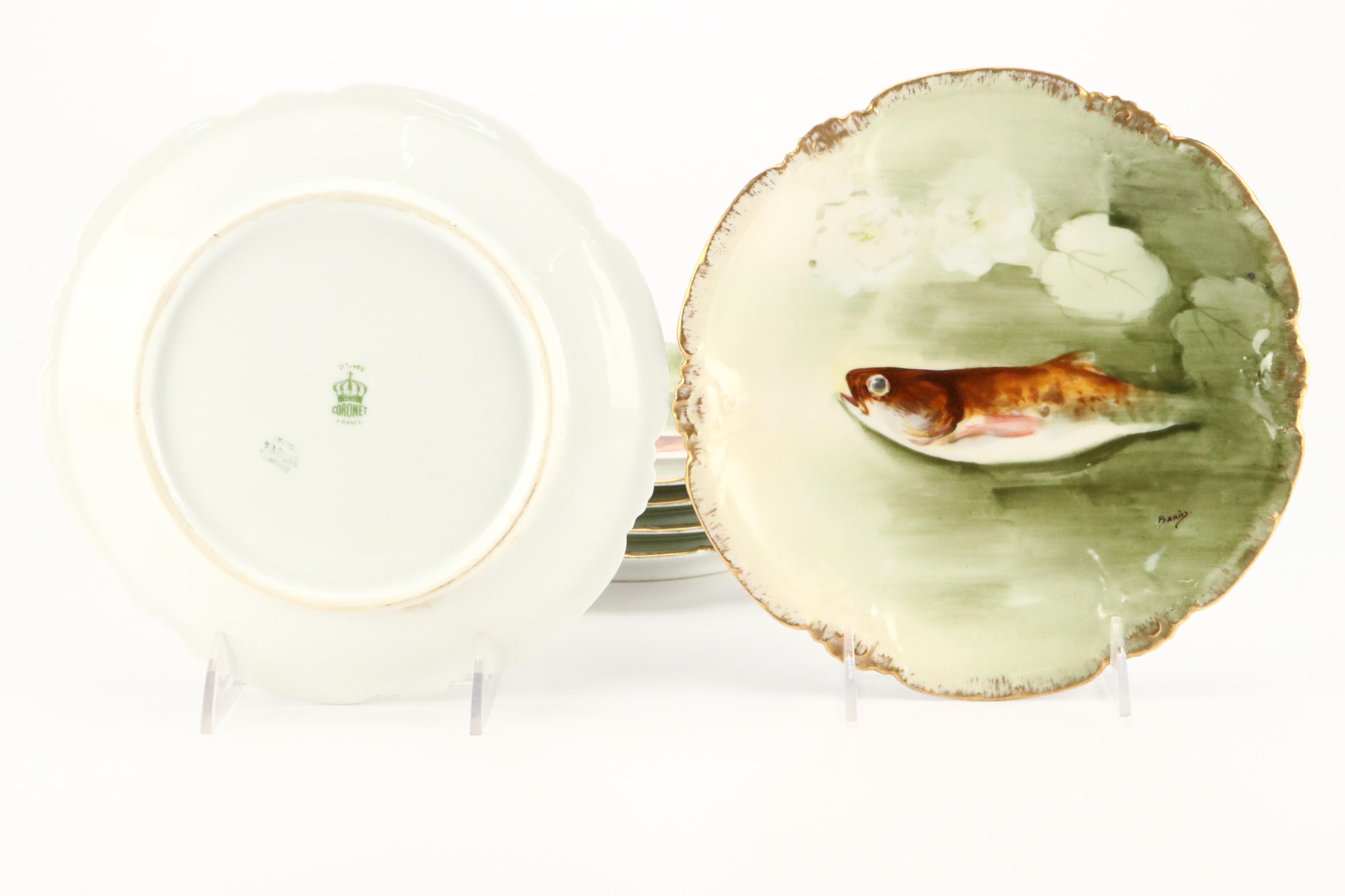 Coronet Limoges Hand-Painted Fish Porcelain Platter and Plates