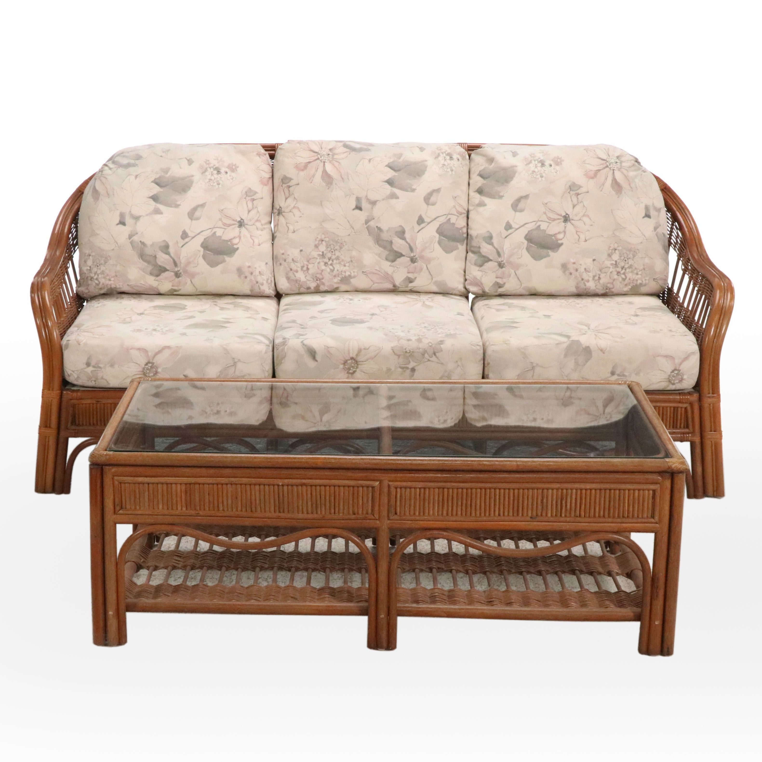 Contemporary Rattan Coffee Table with Glass Top and Rattan Sofa