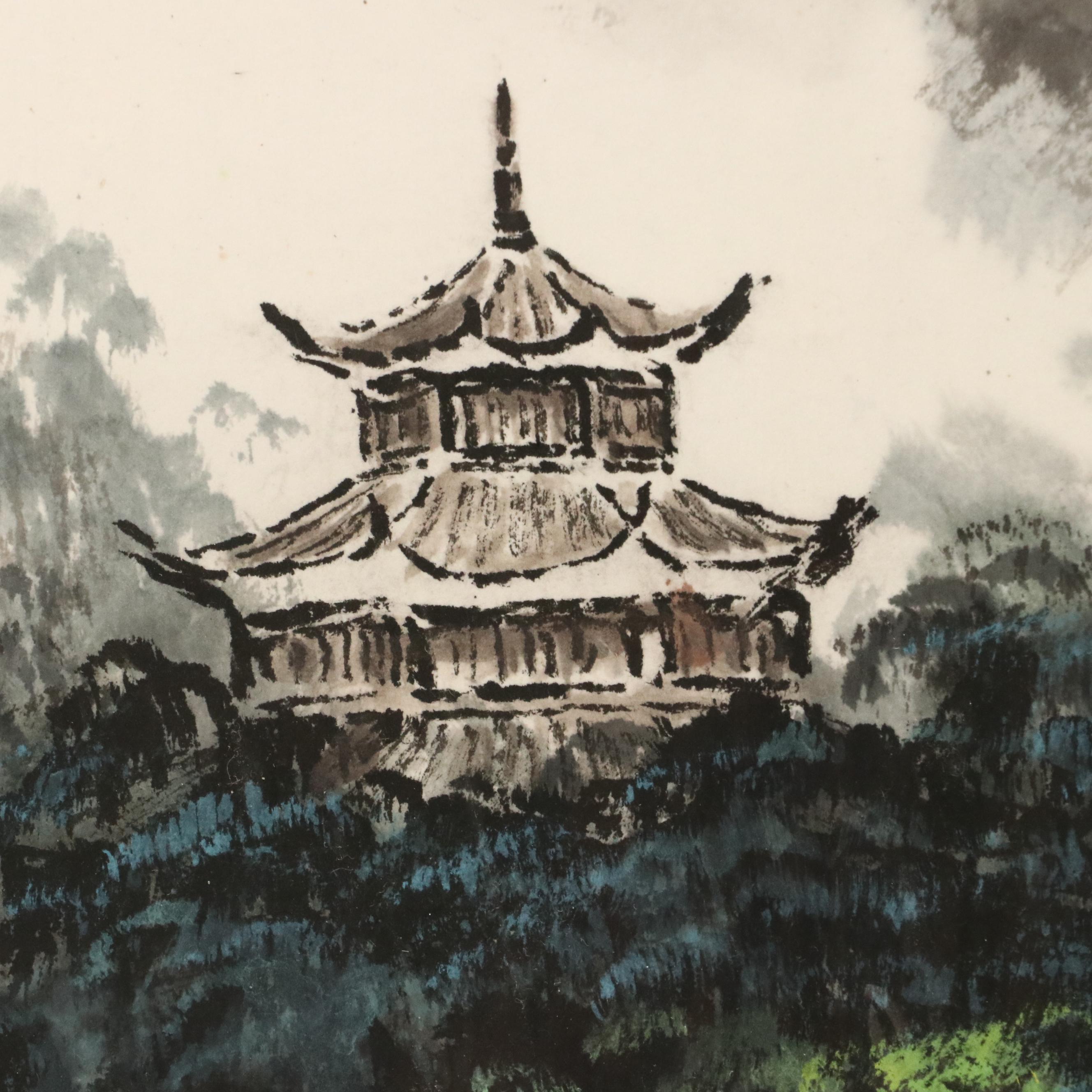 Chinese School Ink and Watercolor Painting of Mountain Landscape