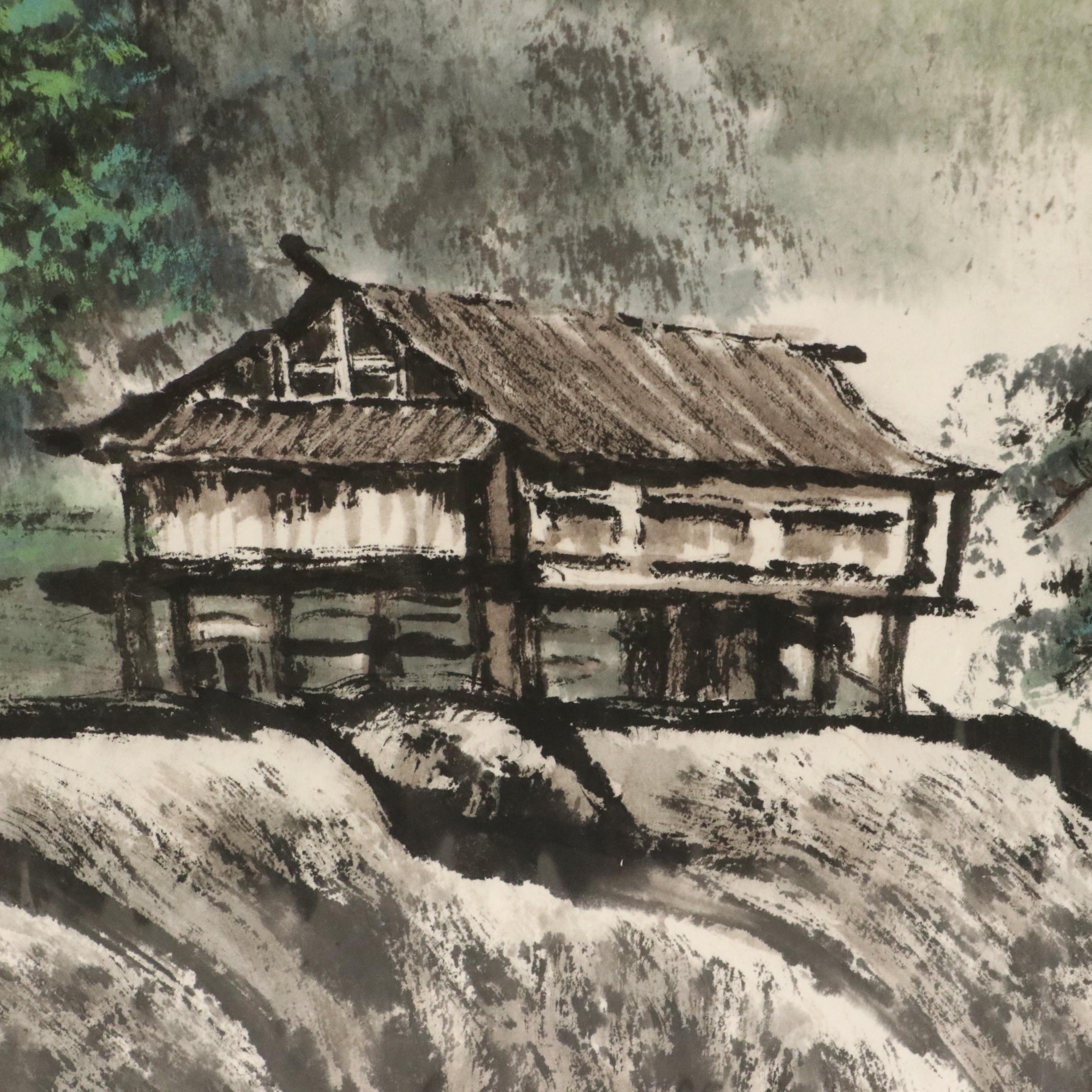 Chinese School Ink and Watercolor Painting of Mountain Landscape