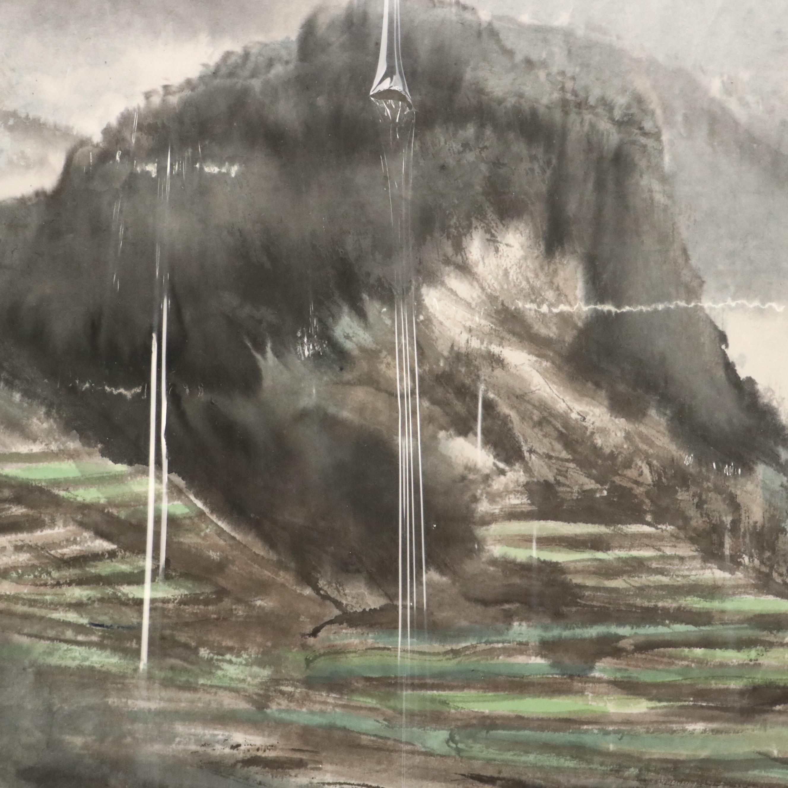 Chinese School Ink and Watercolor Painting of Mountain Landscape