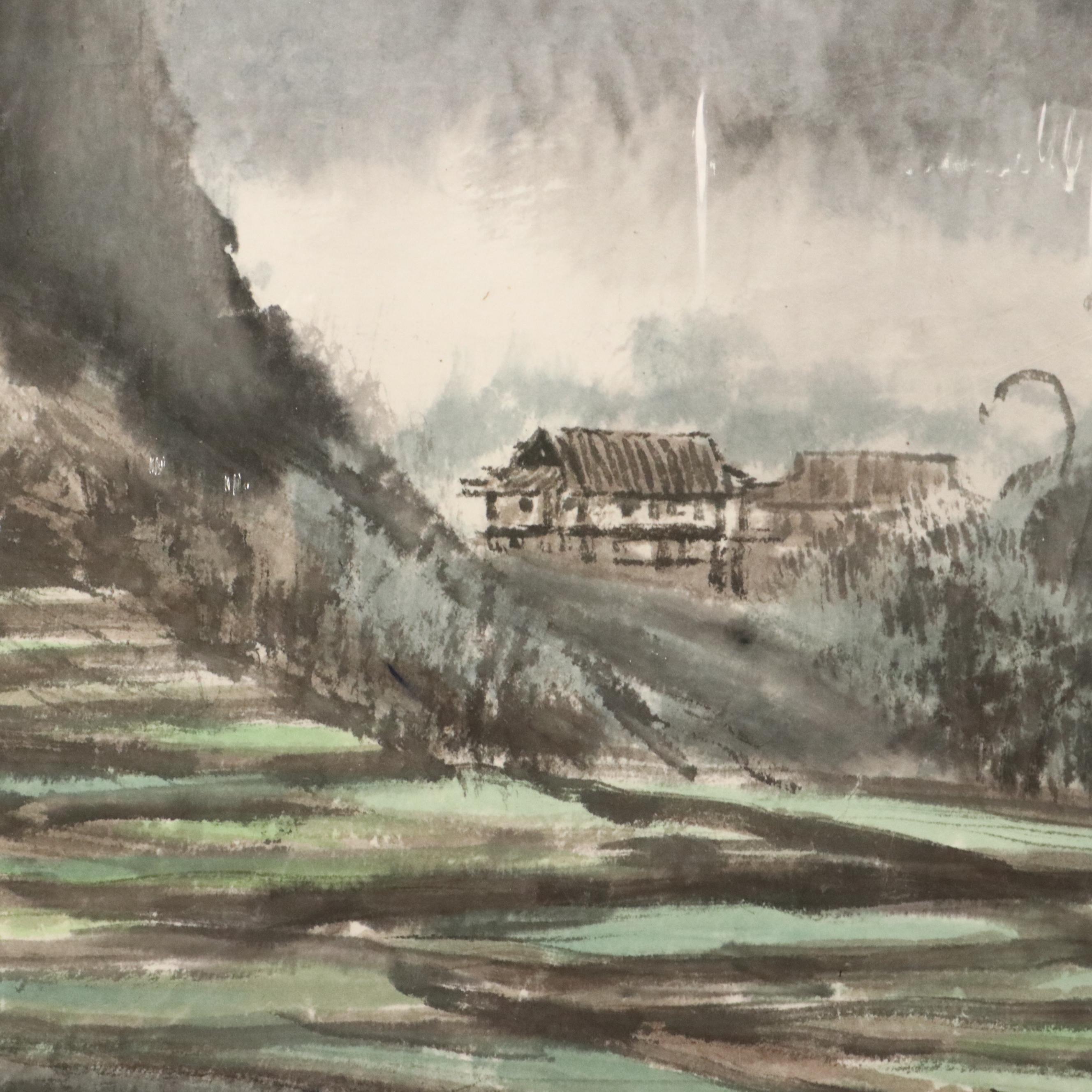 Chinese School Ink and Watercolor Painting of Mountain Landscape
