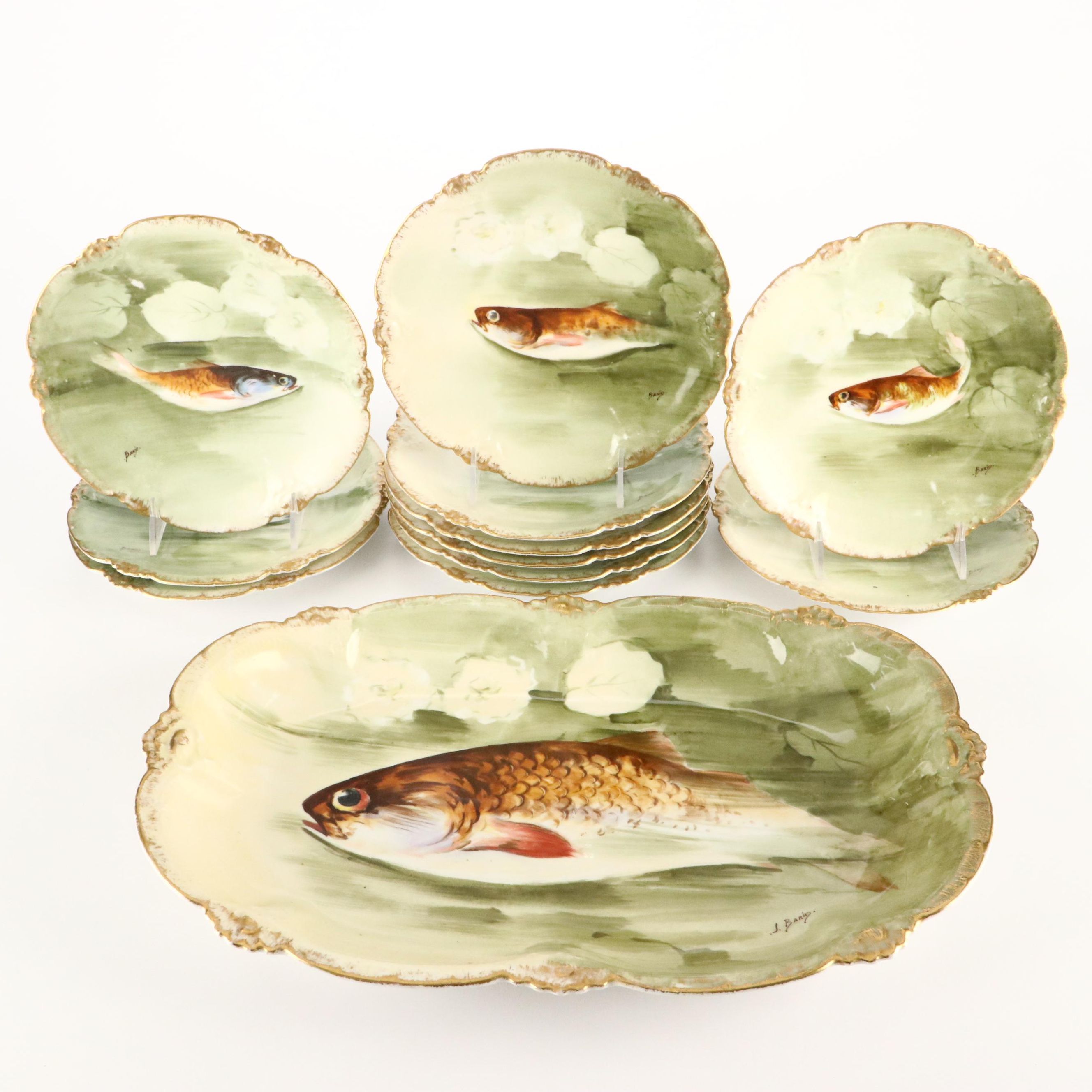 Coronet Limoges Hand-Painted Fish Porcelain Platter and Plates