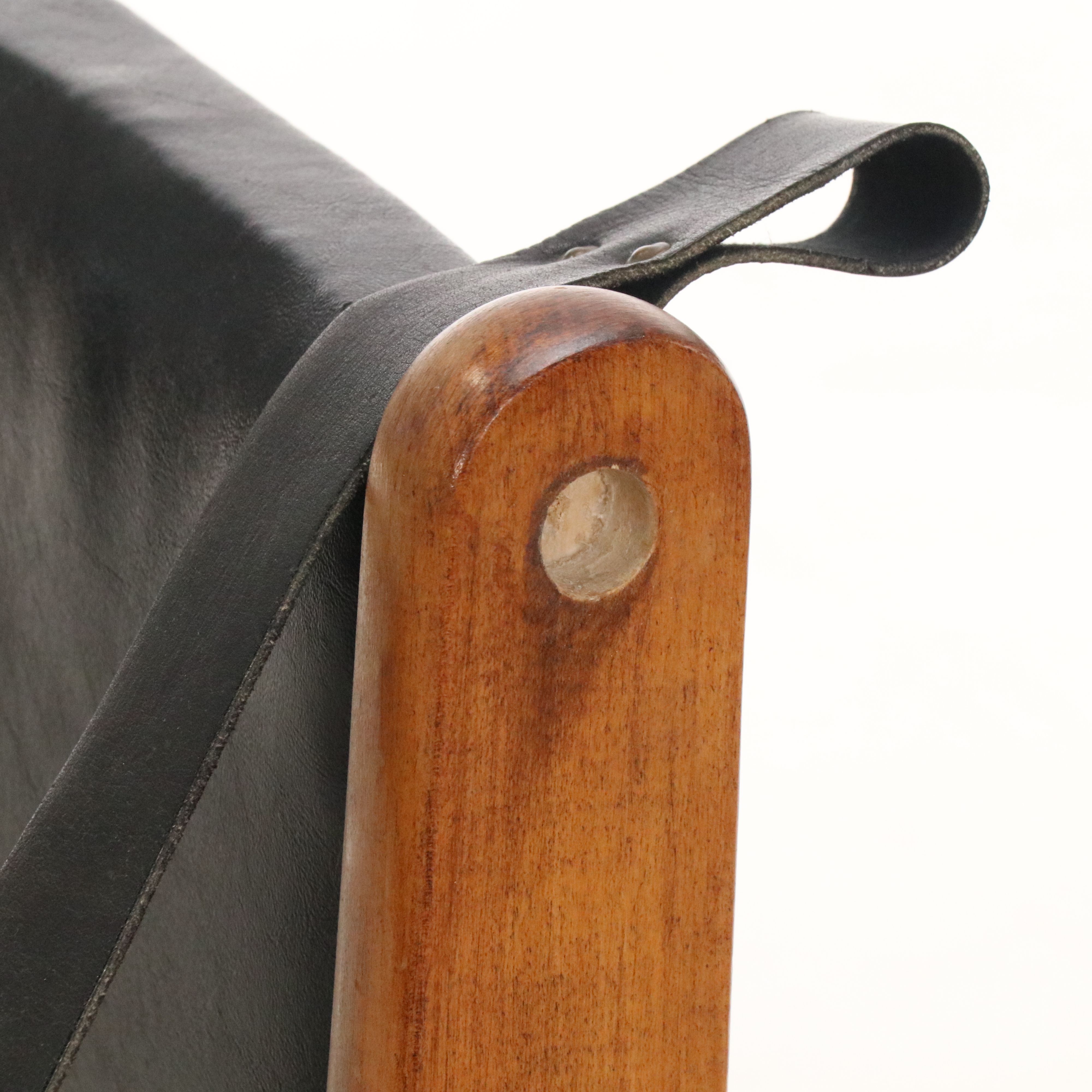 Pair of Black Leather and Wood Sling Armchairs, 20th Century