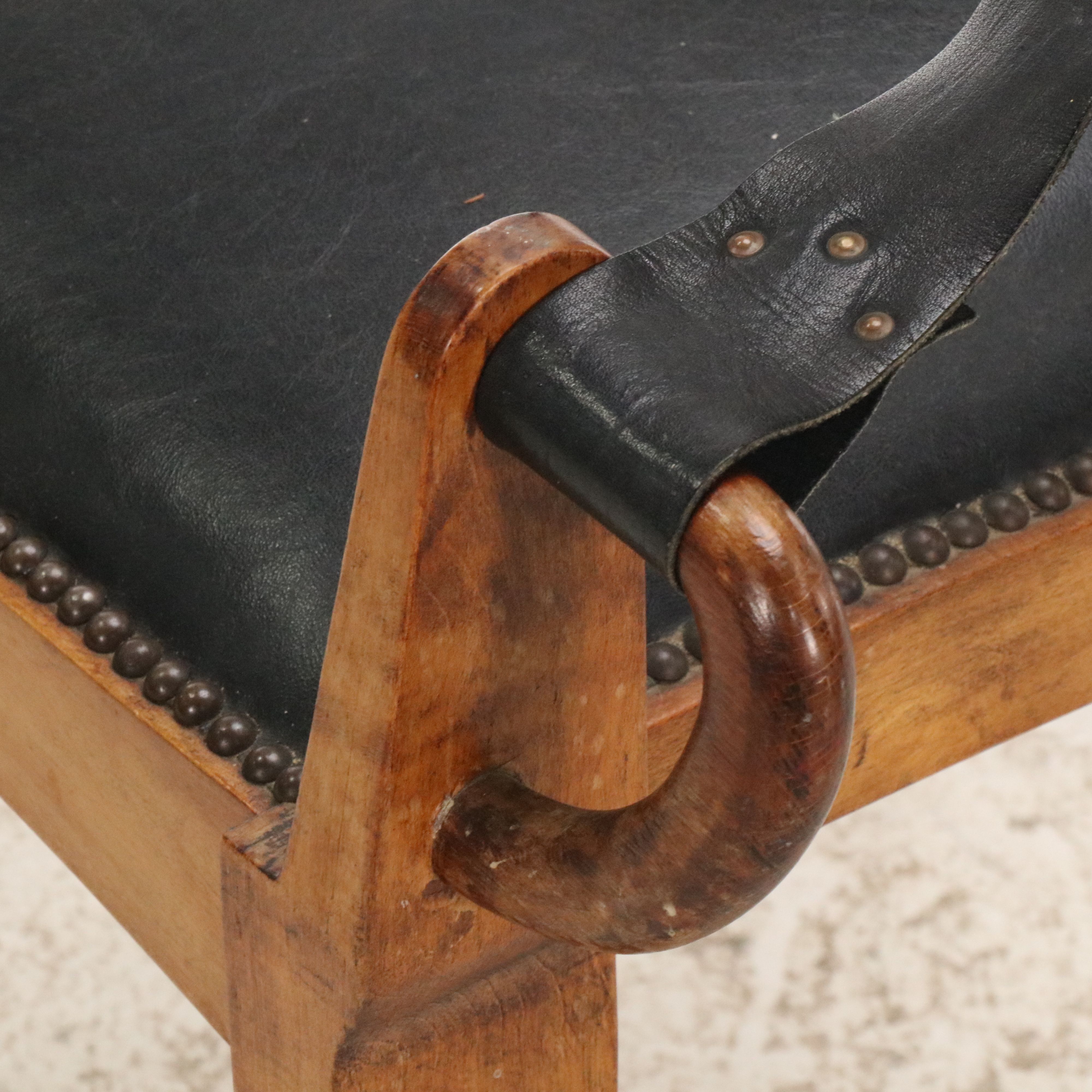 Pair of Black Leather and Wood Sling Armchairs, 20th Century