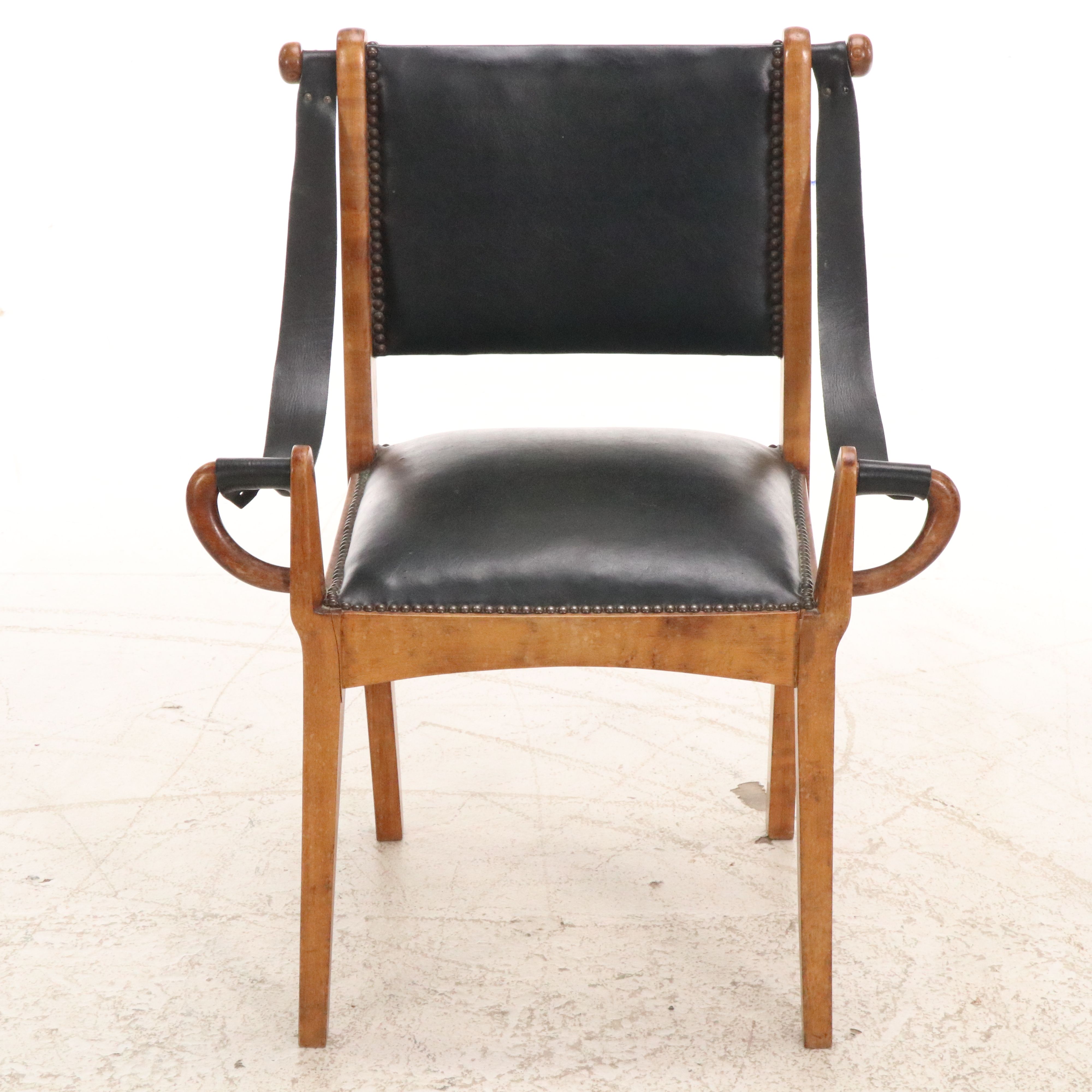 Pair of Black Leather and Wood Sling Armchairs, 20th Century