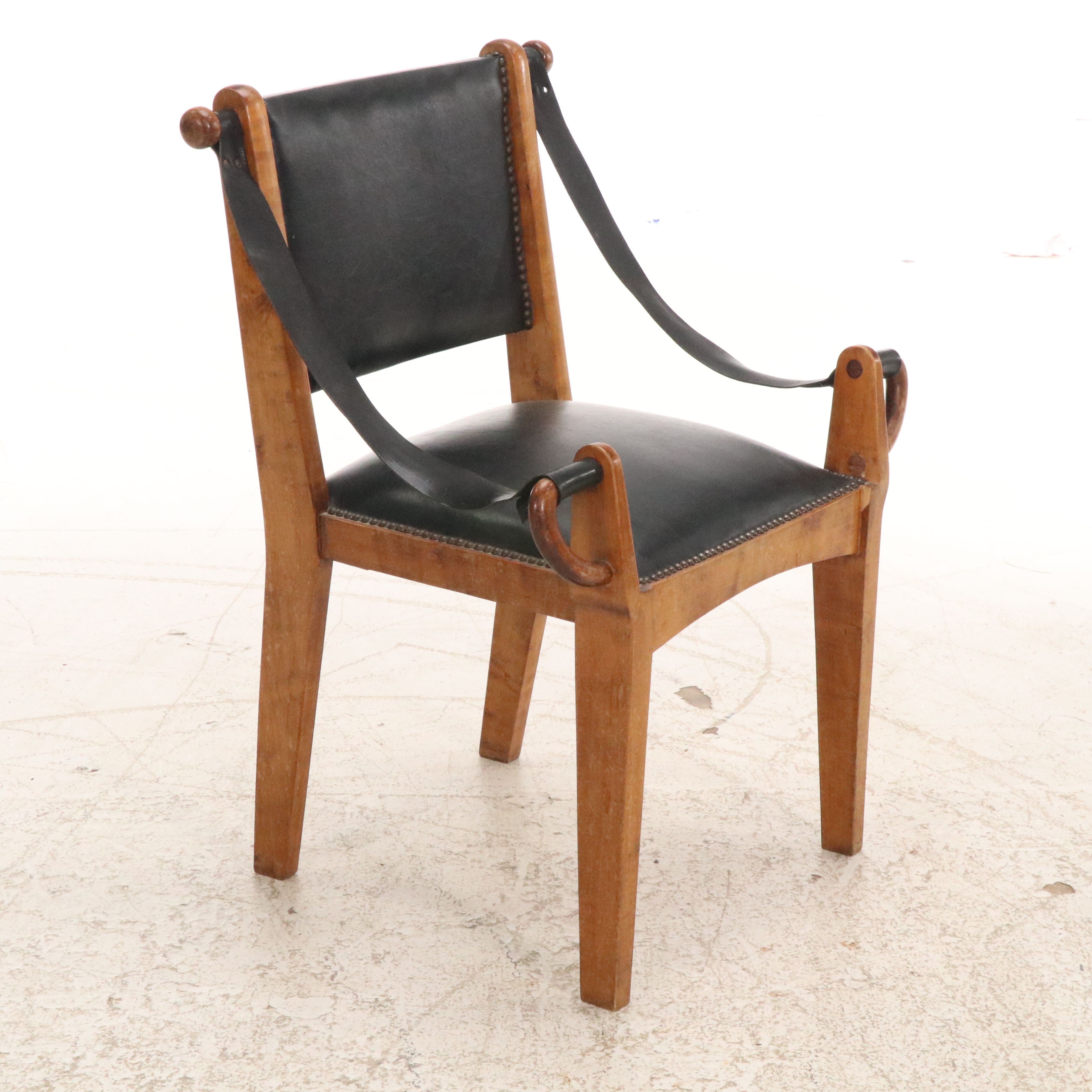 Pair of Black Leather and Wood Sling Armchairs, 20th Century