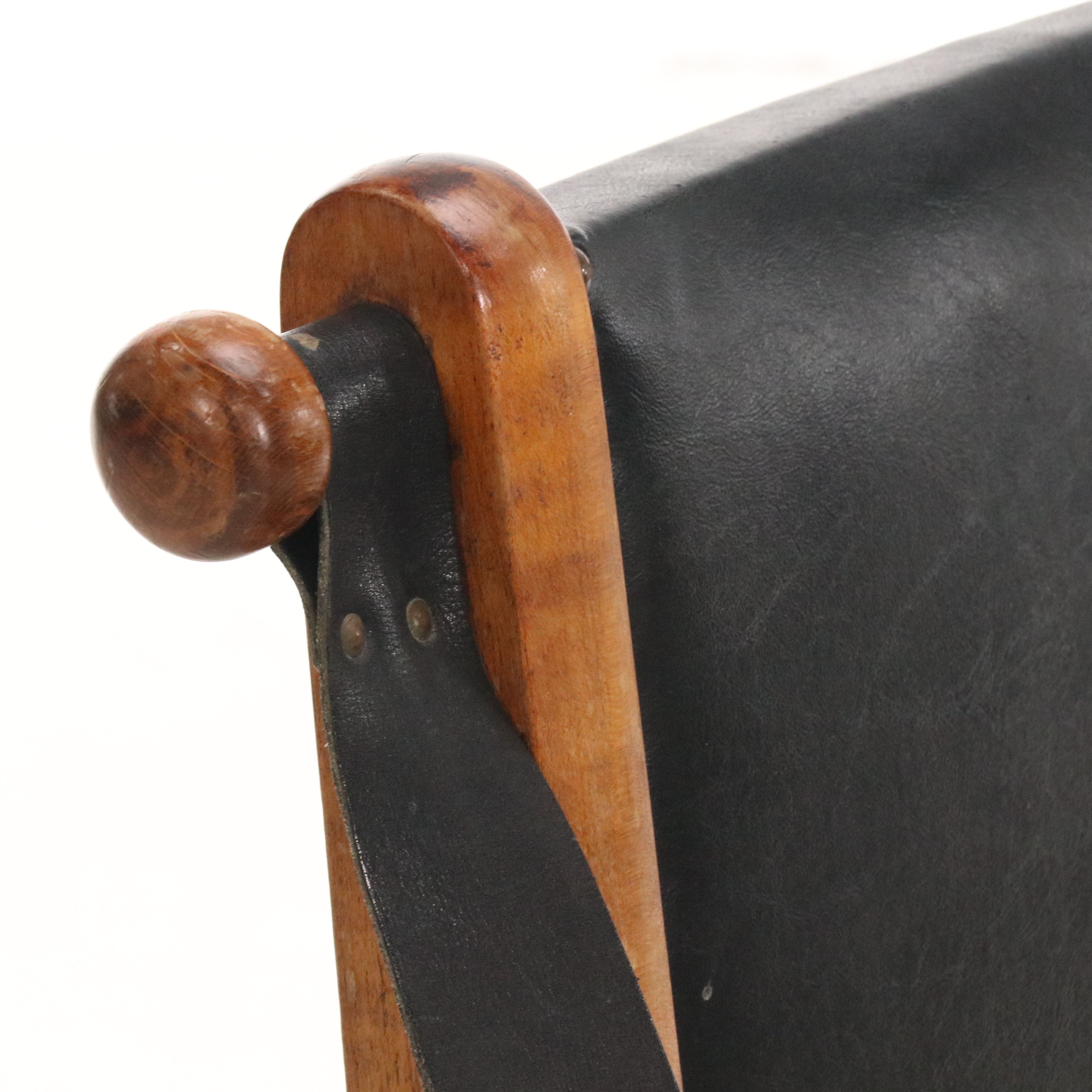 Pair of Black Leather and Wood Sling Armchairs, 20th Century