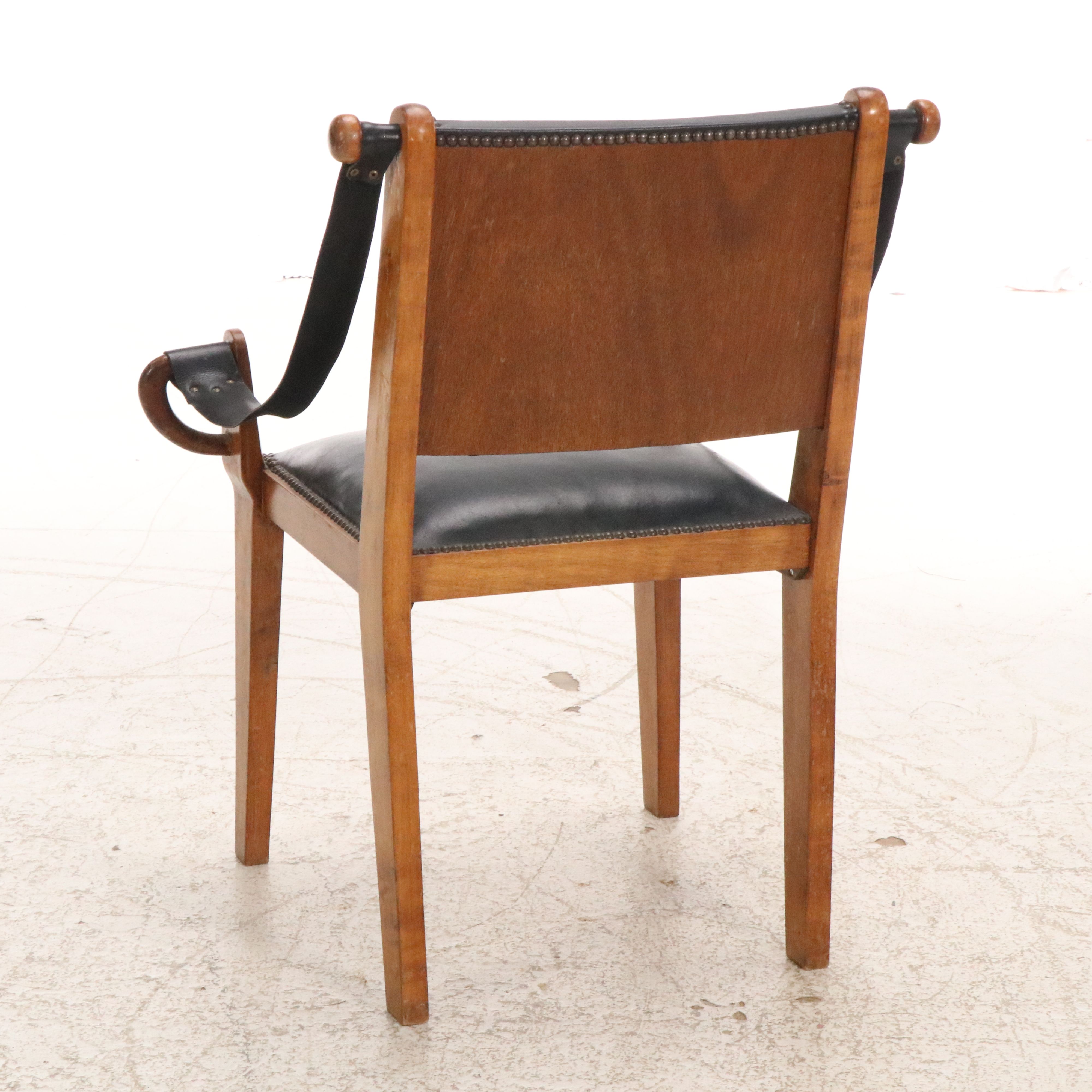 Pair of Black Leather and Wood Sling Armchairs, 20th Century