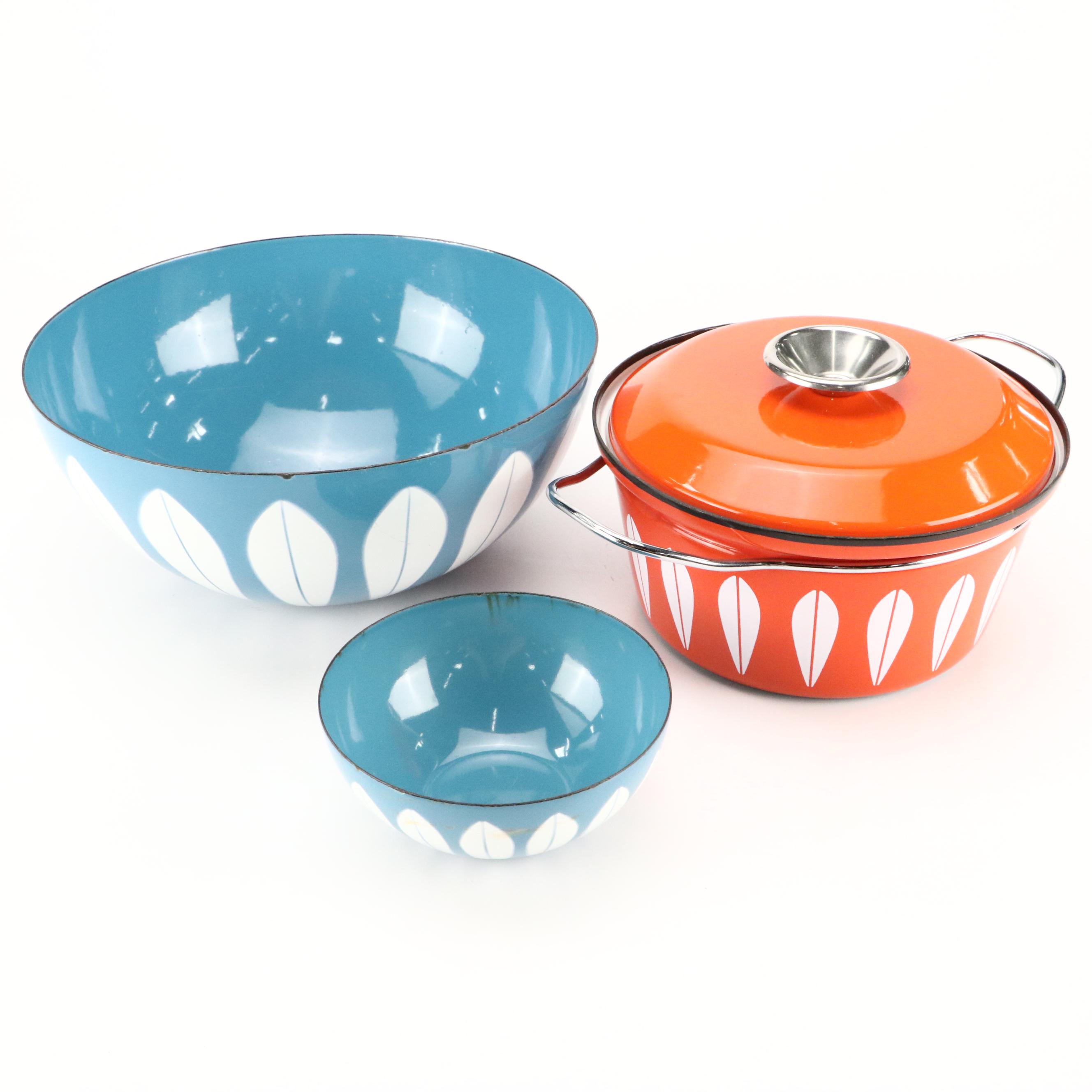 MCM Cathrineholm Blue Lotus Leaf Enamel Bowls and Red Orange Casserole