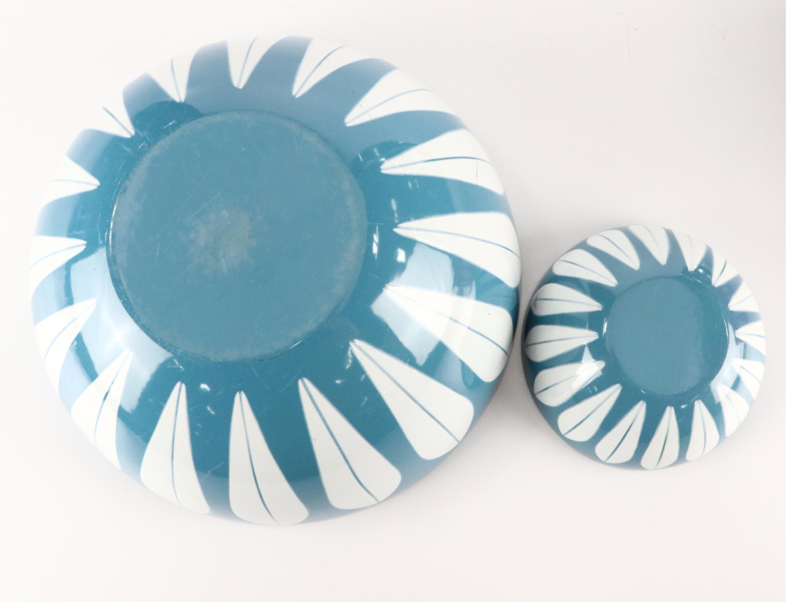 MCM Cathrineholm Blue Lotus Leaf Enamel Bowls and Red Orange Casserole