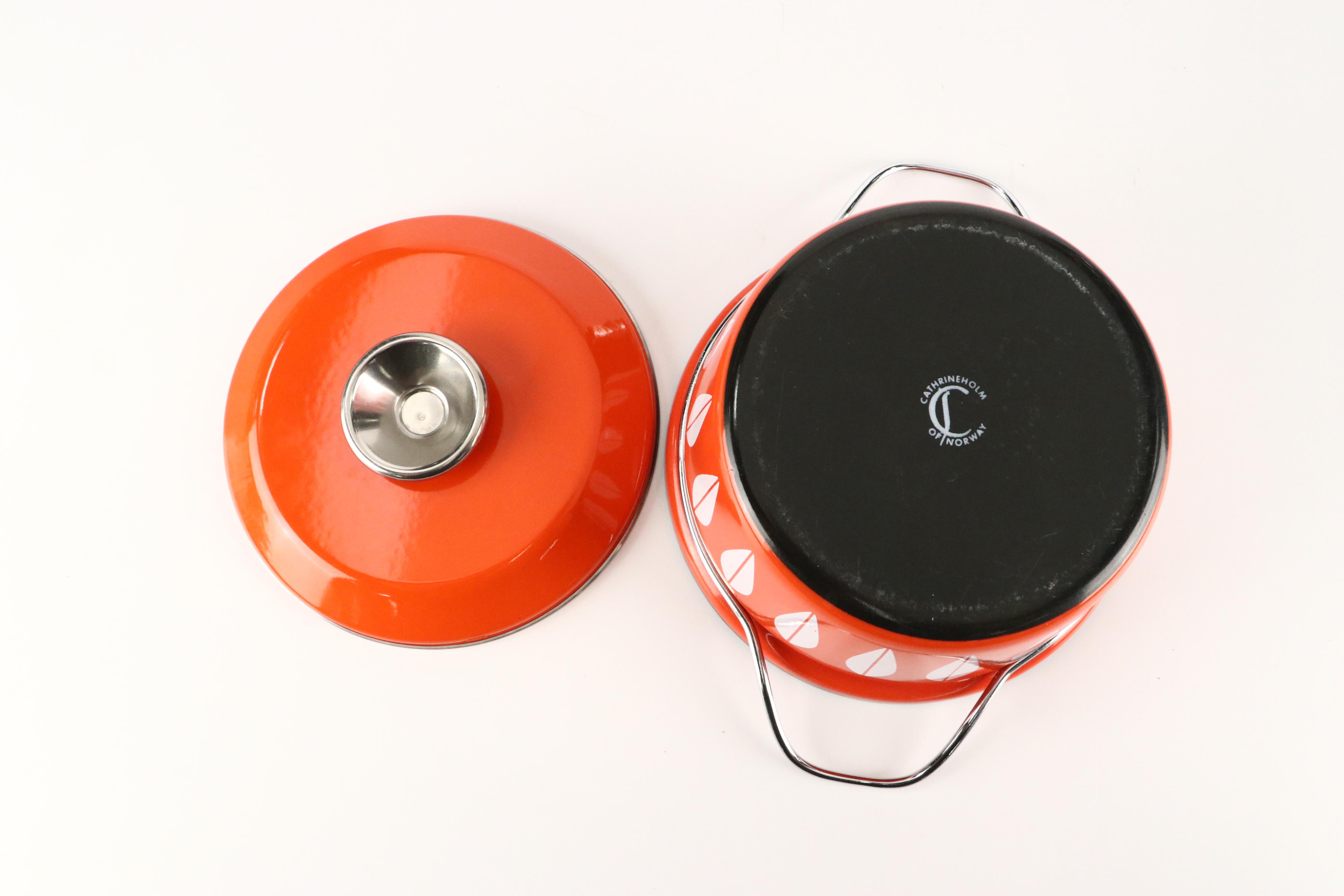 MCM Cathrineholm Blue Lotus Leaf Enamel Bowls and Red Orange Casserole
