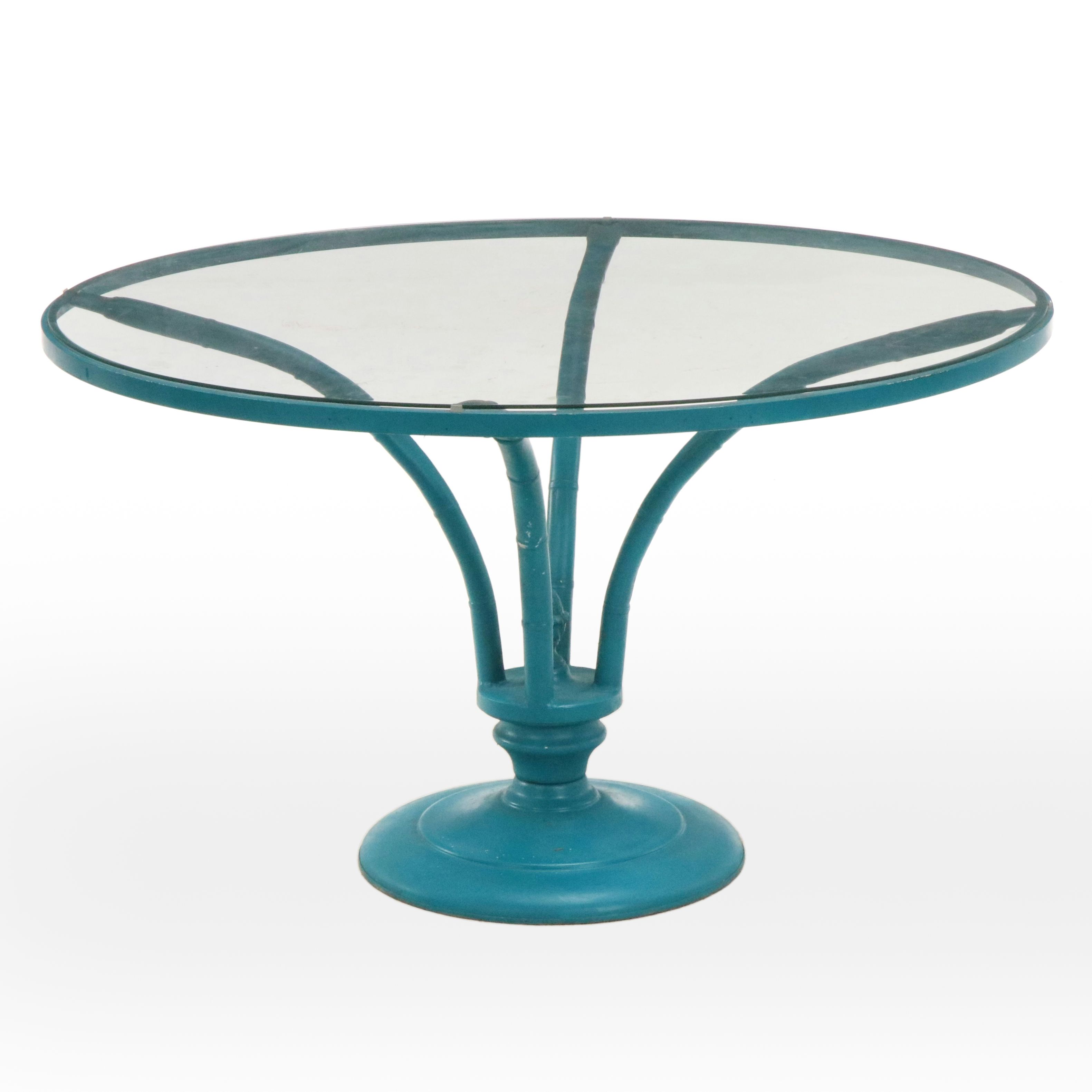Glass Top Blue-Painted Metal Patio Dining Table with Bamboo Motif Legs