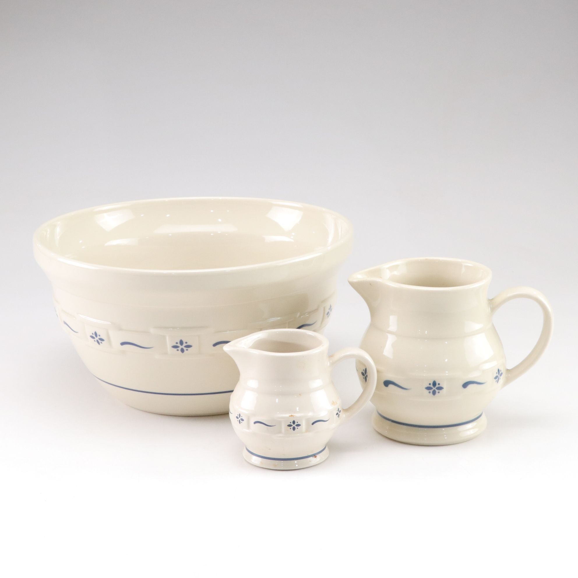 Longaberger Extra Large Mixing Bowl and Pair of Pitchers