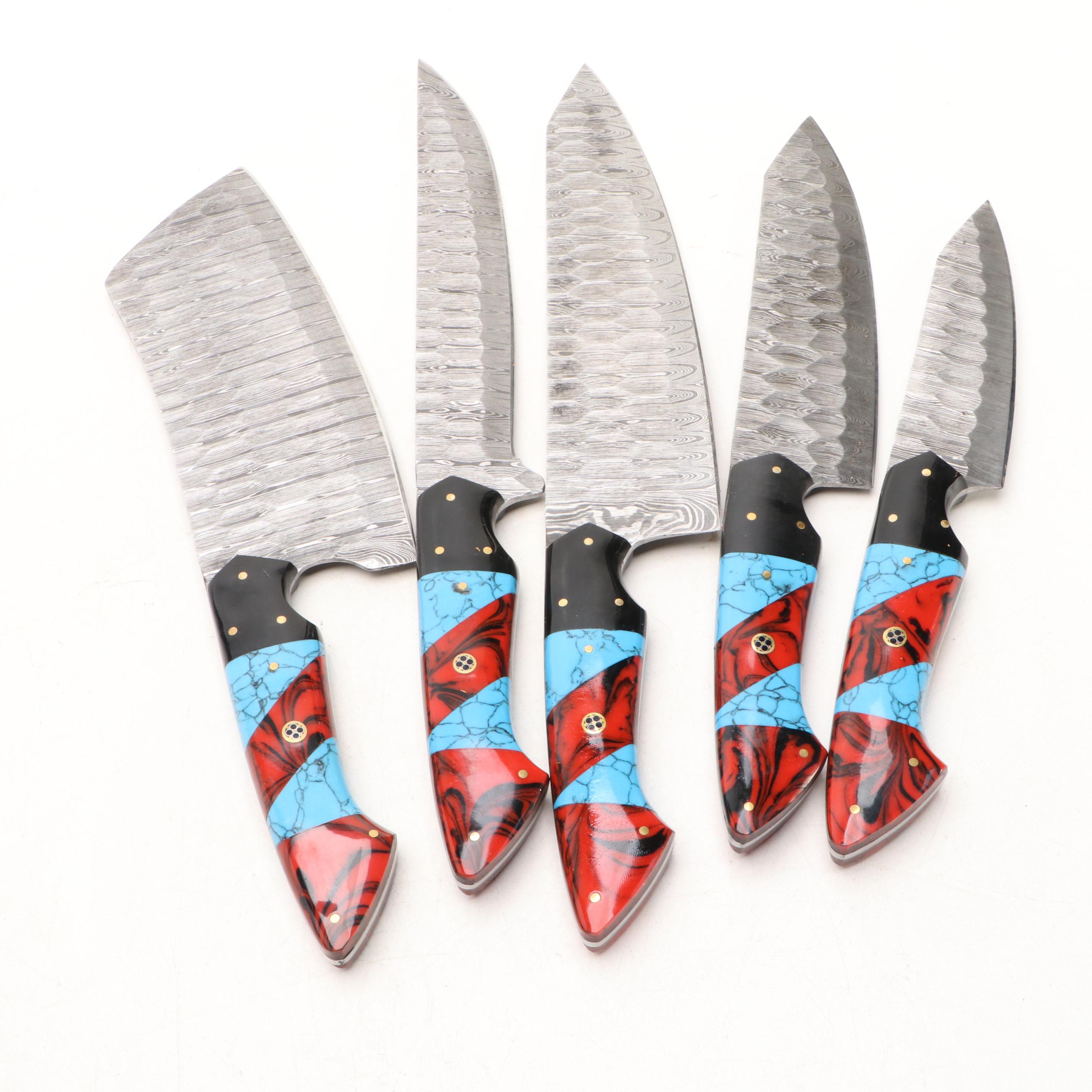 Damascus Steel and Marbled Resin Chef's Knife Set in Suede Leather Roll