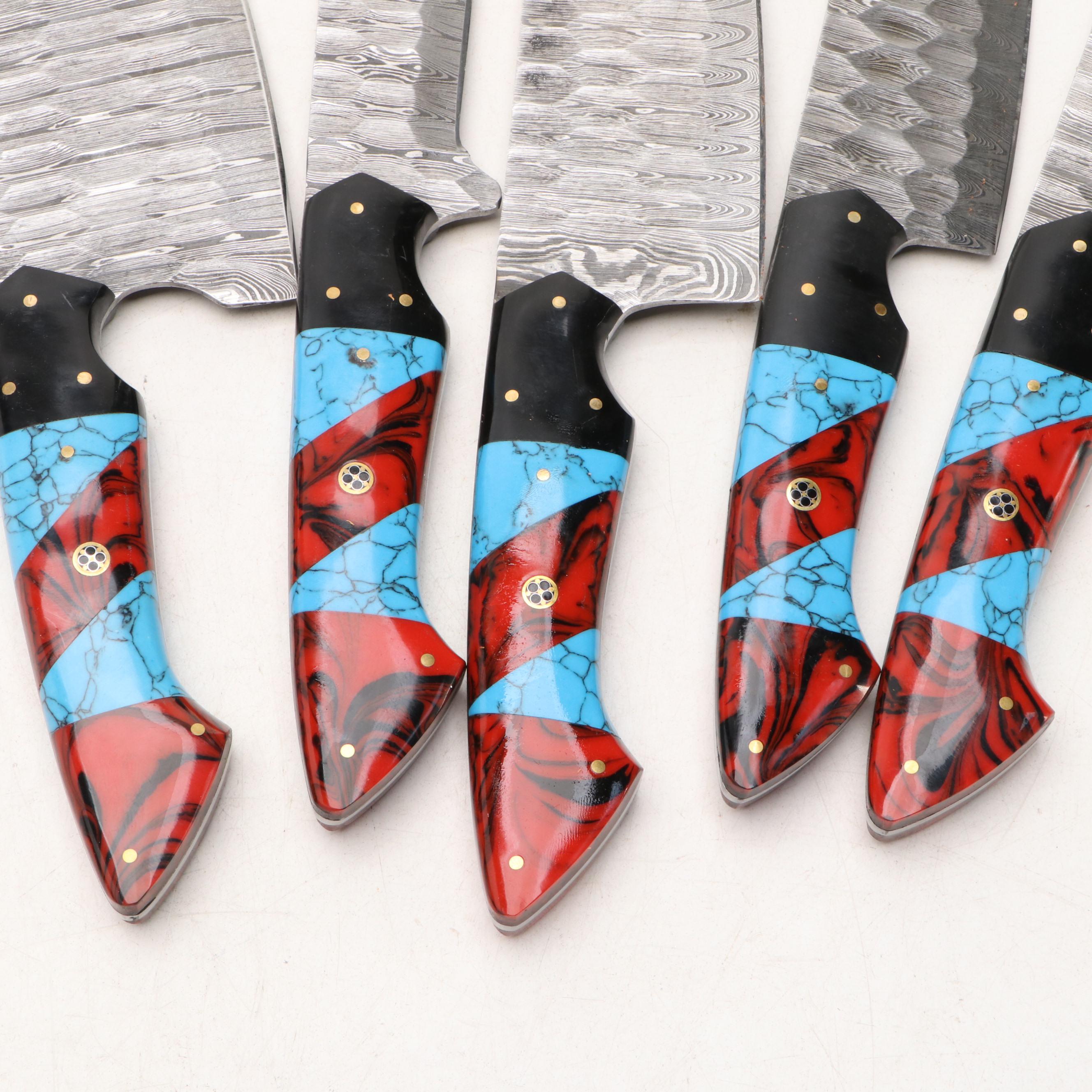 Damascus Steel and Marbled Resin Chef's Knife Set in Suede Leather Roll