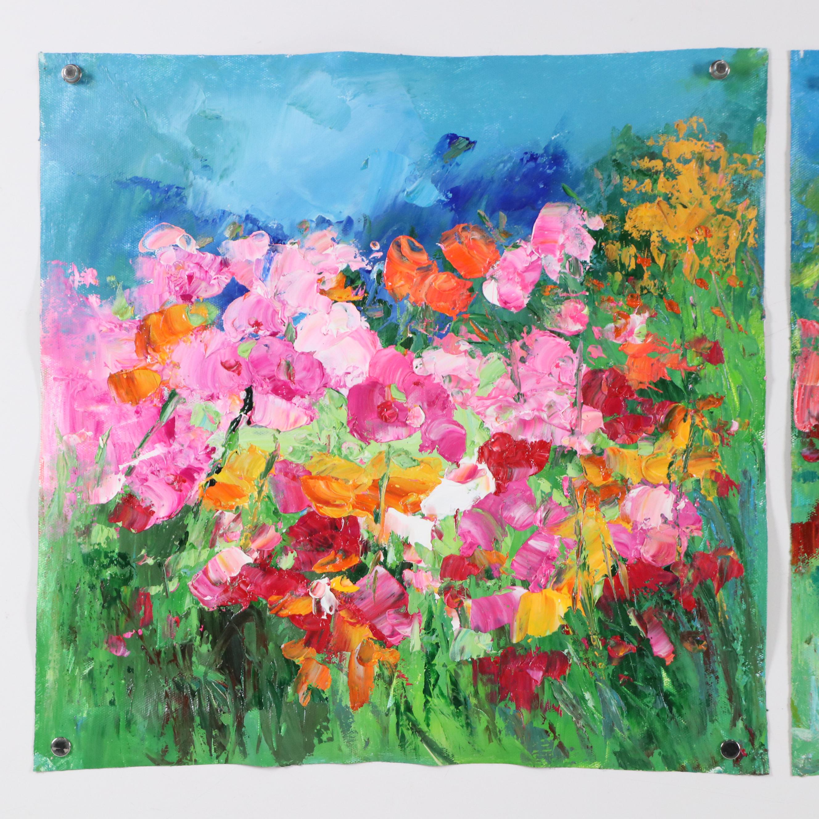 Two Floral Acrylic Paintings, Circa 2024