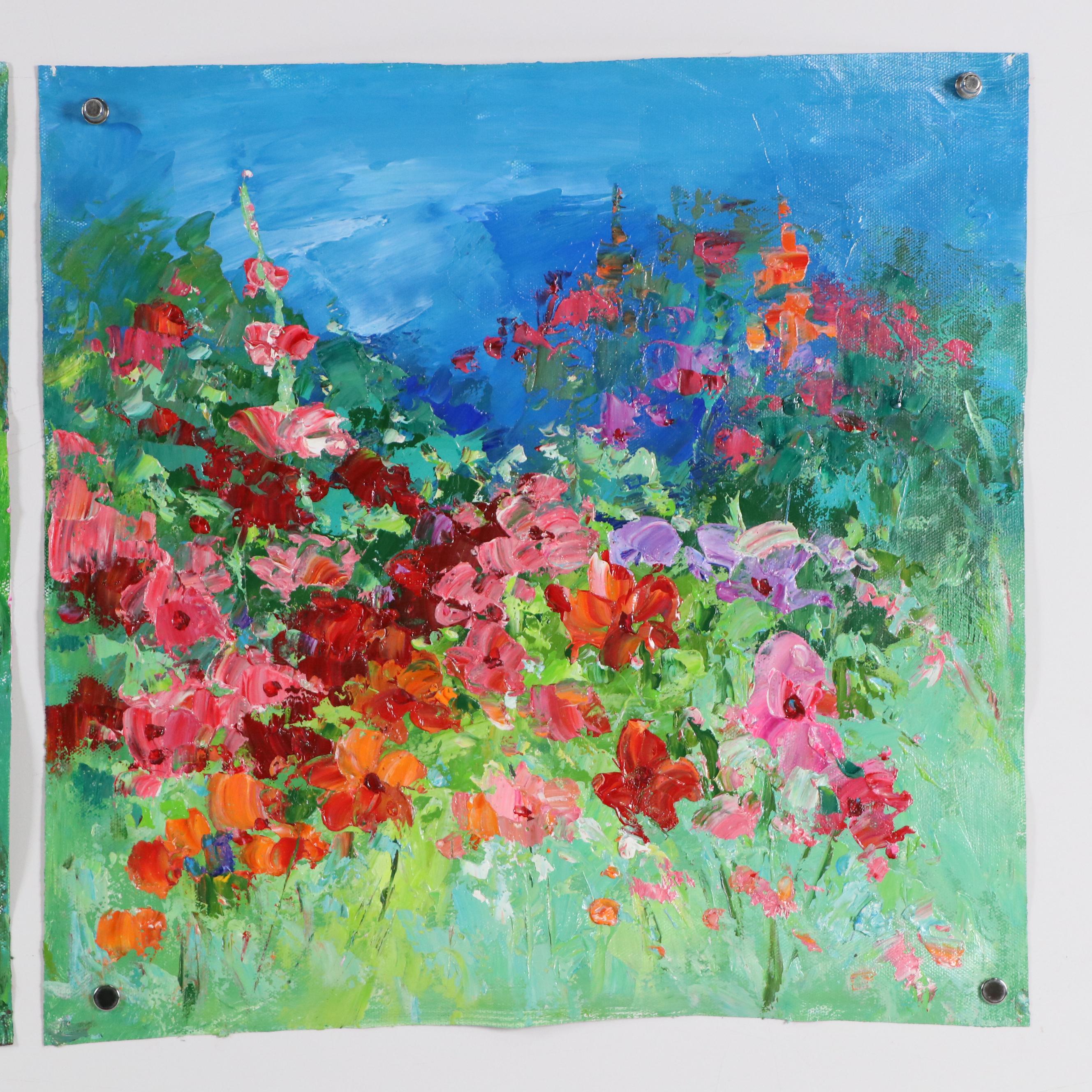 Two Floral Acrylic Paintings, Circa 2024