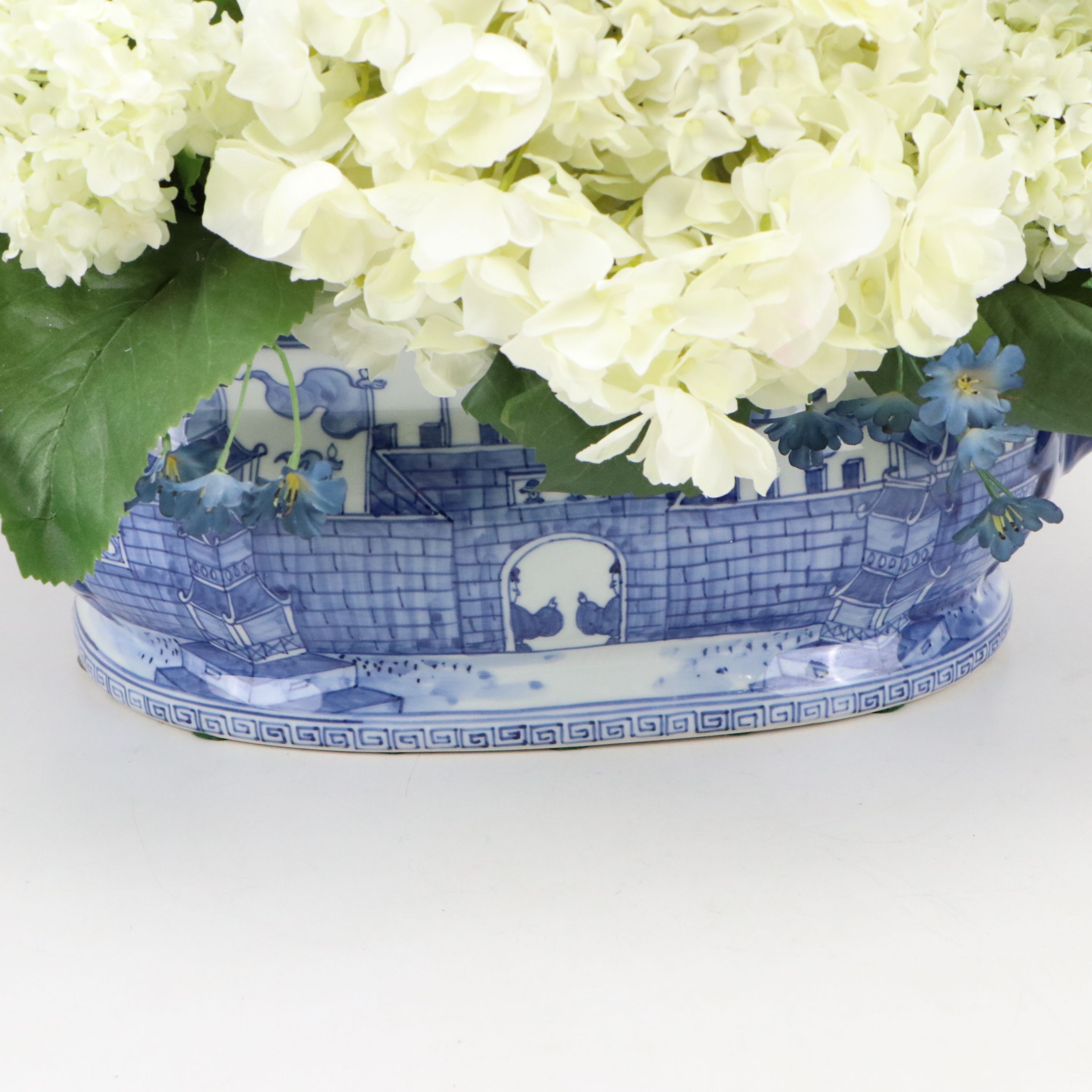 Blue on White Porcelain Handled Planter with Artificial Flowers